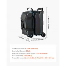 2 Ball Bowling Bag with Wheels Double Roller Bowling Bag with Shoe Compartment