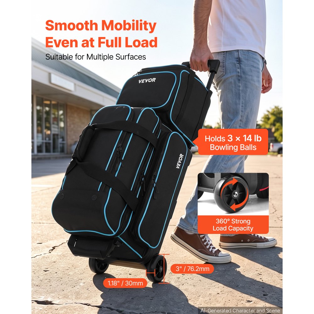 VEVOR 3 Ball Bowling Bag Double Roller Bag with Separate Shoe Compartment, for Bowling Shoes (Up To US Men Size 16), Rolling Ball Bag w/ Wheel, Accessory Pocket, Retractable Handle Extends to 40 in