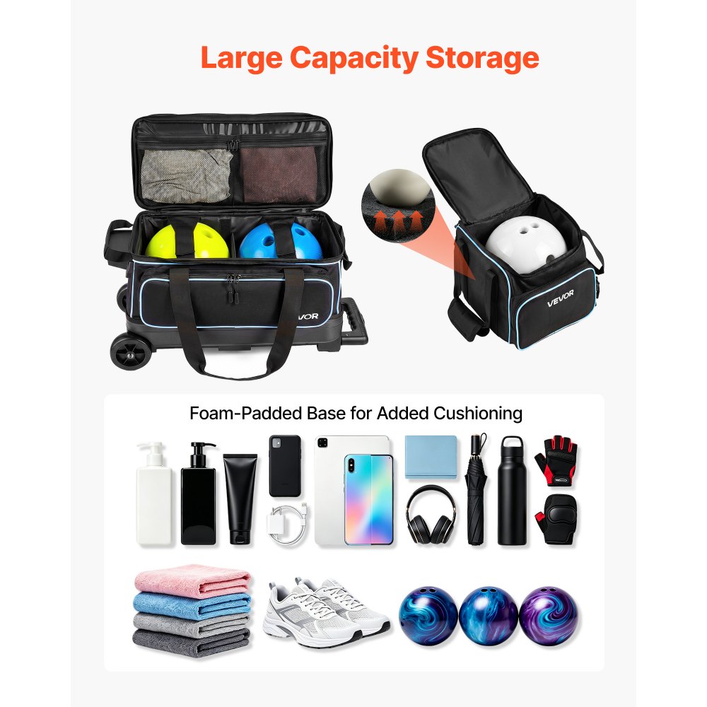 VEVOR 3 Ball Bowling Bag Double Roller Bag with Separate Shoe Compartment, for Bowling Shoes (Up To US Men Size 16), Rolling Ball Bag w/ Wheel, Accessory Pocket, Retractable Handle Extends to 40 in