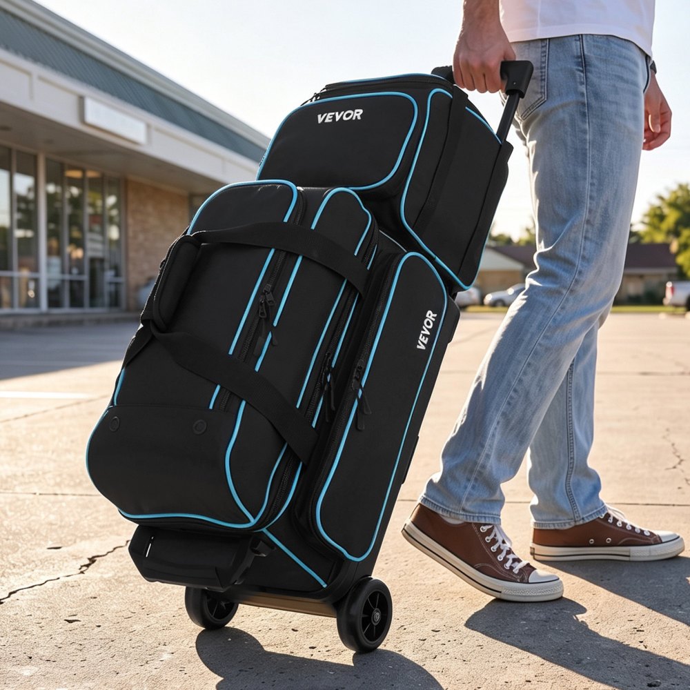 VEVOR 3 Ball Bowling Bag Double Roller Bag with Separate Shoe Compartment, for Bowling Shoes (Up To US Men Size 16), Rolling Ball Bag w/ Wheel, Accessory Pocket, Retractable Handle Extends to 40 in