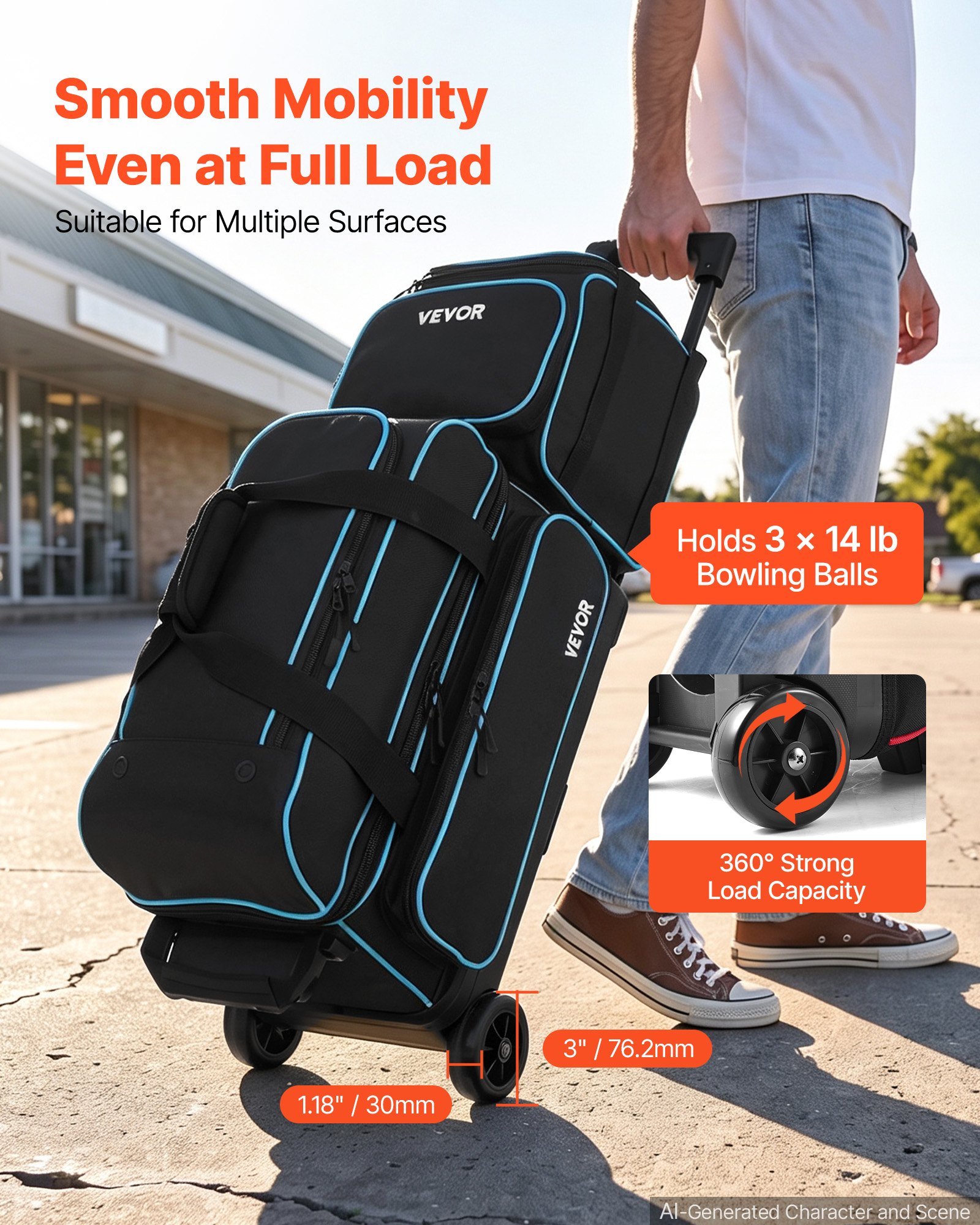 VEVOR 3 Ball Bowling Bag Double Roller Bag with Separate Shoe Compartment, for Bowling Shoes (Up To US Men Size 16), Rolling Ball Bag w/ Wheel, Accessory Pocket, Retractable Handle Extends to 40 in