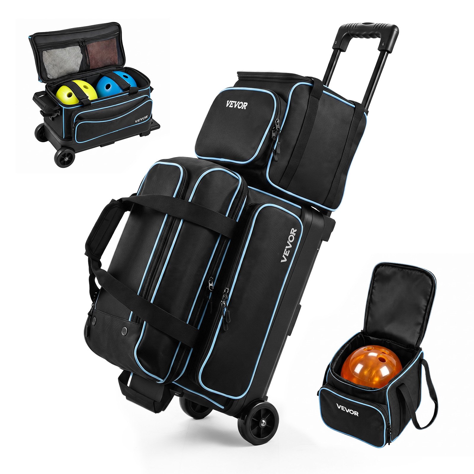 VEVOR 3 Ball Bowling Bag Double Roller Bag with Separate Shoe Compartment, for Bowling Shoes (Up To US Men Size 16), Rolling Ball Bag w/ Wheel, Accessory Pocket, Retractable Handle Extends to 40 in