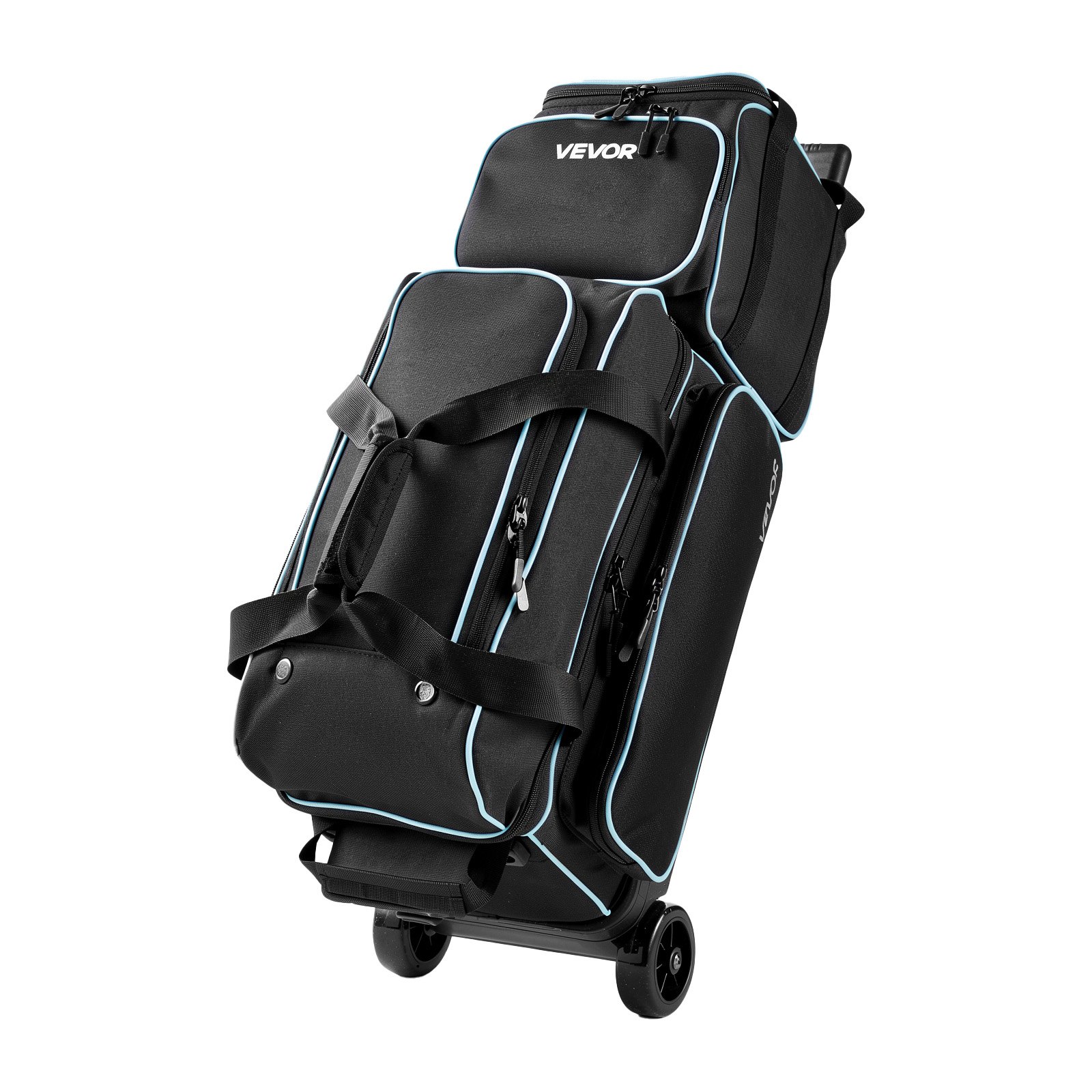 VEVOR 3 Ball Bowling Bag Double Roller Bag with Separate Shoe Compartment, for Bowling Shoes (Up To US Men Size 16), Rolling Ball Bag w/ Wheel, Accessory Pocket, Retractable Handle Extends to 40 in