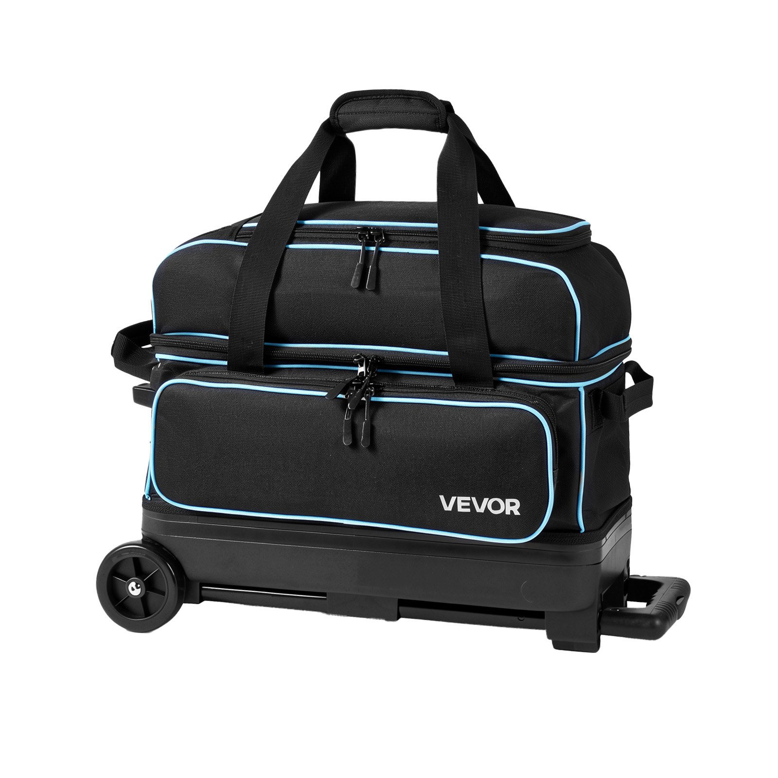 VEVOR 3 Ball Bowling Bag Double Roller Bag with Separate Shoe Compartment, for Bowling Shoes (Up To US Men Size 16), Rolling Ball Bag w/ Wheel, Accessory Pocket, Retractable Handle Extends to 40 in