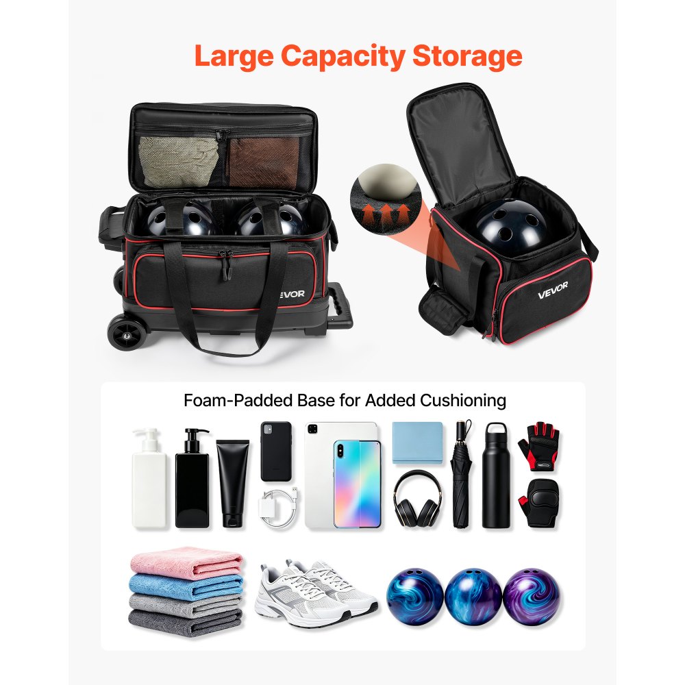 VEVOR 3 Ball Bowling Bag Double Roller Bag with Separate Shoe Compartment, for Bowling Shoes (Up To US Men Size 16), Rolling Ball Bag w/ Wheel, Accessory Pocket, Retractable Handle Extends to 40 in