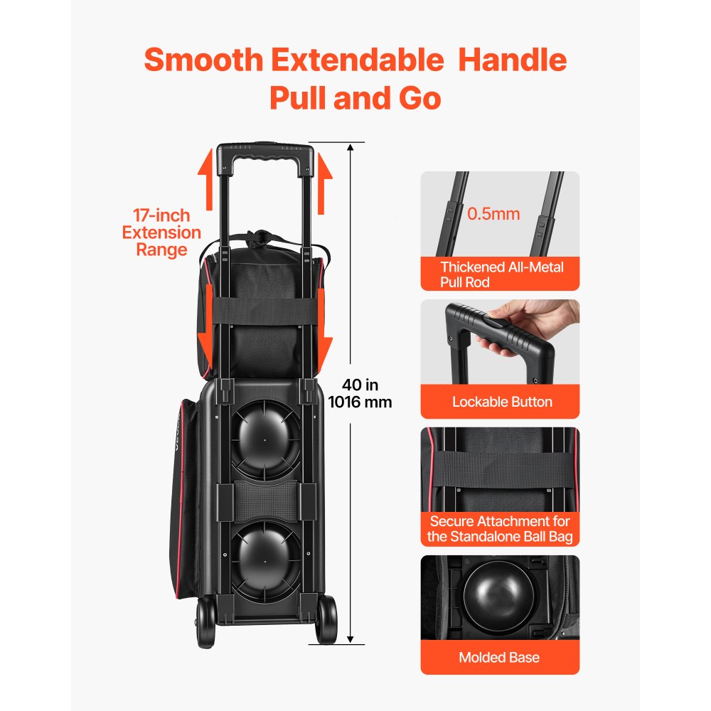 VEVOR 3 Ball Bowling Bag Double Roller Bag with Separate Shoe Compartment, for Bowling Shoes (Up To US Men Size 16), Rolling Ball Bag w/ Wheel, Accessory Pocket, Retractable Handle Extends to 40 in