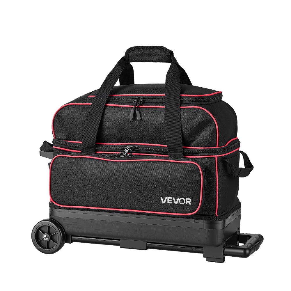 VEVOR 3 Ball Bowling Bag Double Roller Bag with Separate Shoe Compartment, for Bowling Shoes (Up To US Men Size 16), Rolling Ball Bag w/ Wheel, Accessory Pocket, Retractable Handle Extends to 40 in