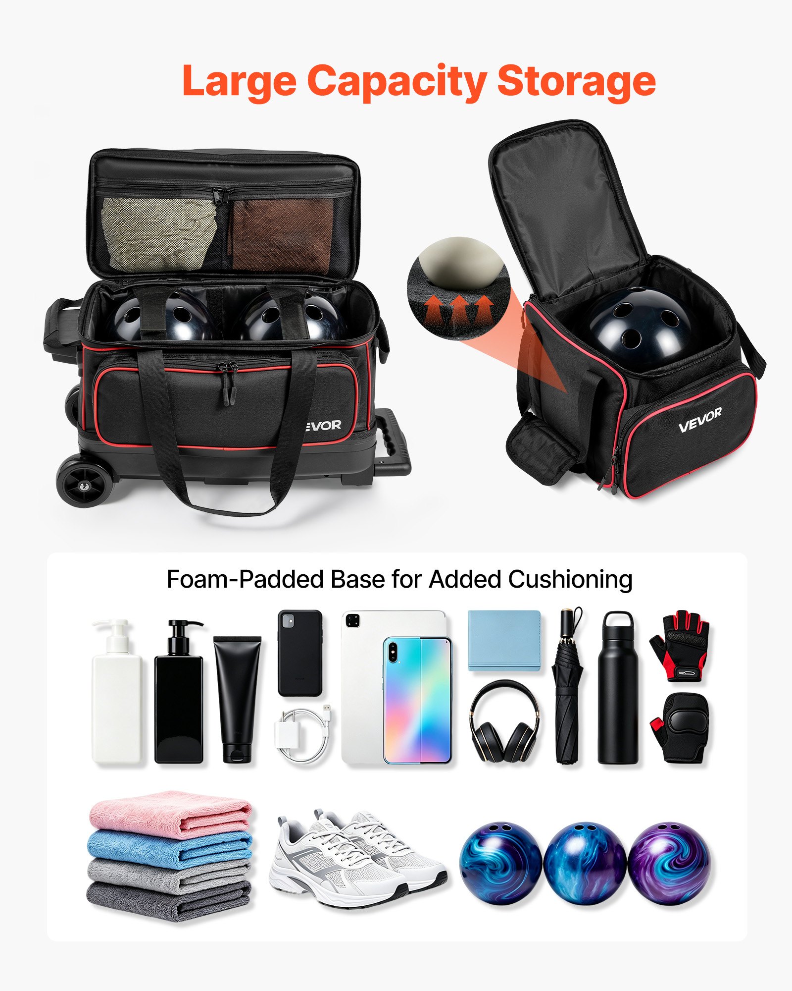 VEVOR 3 Ball Bowling Bag Double Roller Bag with Separate Shoe Compartment, for Bowling Shoes (Up To US Men Size 16), Rolling Ball Bag w/ Wheel, Accessory Pocket, Retractable Handle Extends to 40 in