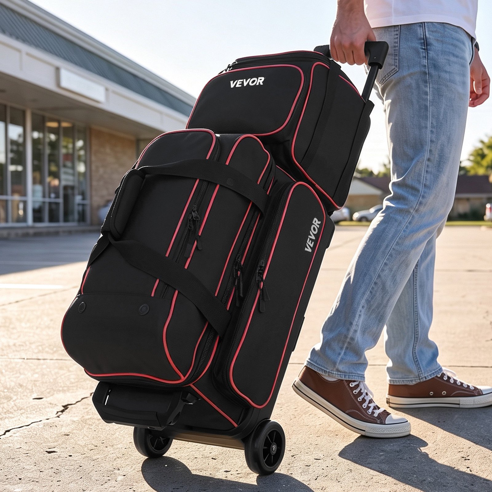 VEVOR 3 Ball Bowling Bag Double Roller Bag with Separate Shoe Compartment, for Bowling Shoes (Up To US Men Size 16), Rolling Ball Bag w/ Wheel, Accessory Pocket, Retractable Handle Extends to 40 in
