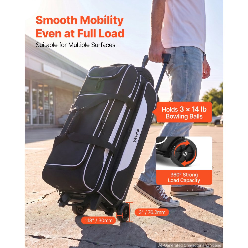 VEVOR 3 Ball Bowling Bag Double Roller Bag with Separate Shoe Compartment, for Bowling Shoes (Up To US Men Size 16), Rolling Ball Bag w/ Wheel, Accessory Pocket, Retractable Handle Extends to 40 in