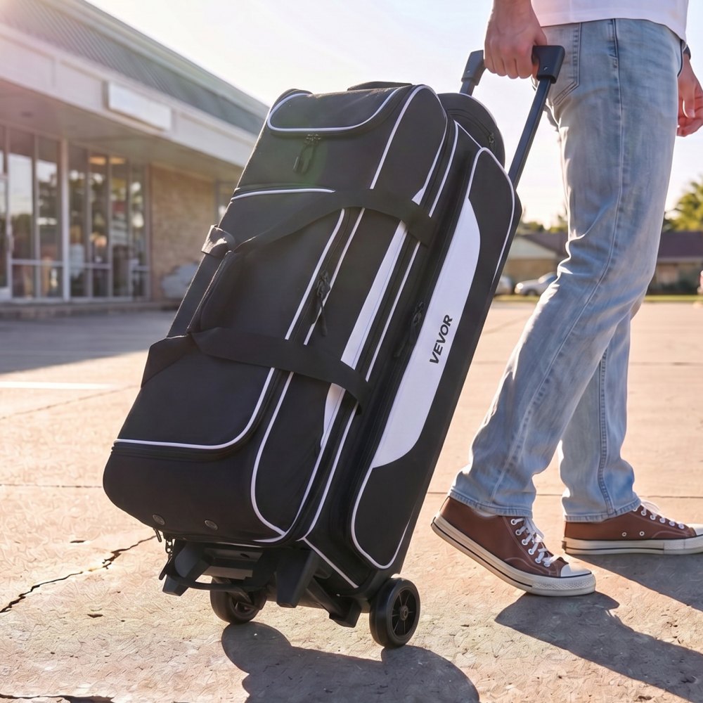 VEVOR 3 Ball Bowling Bag Double Roller Bag with Separate Shoe Compartment, for Bowling Shoes (Up To US Men Size 16), Rolling Ball Bag w/ Wheel, Accessory Pocket, Retractable Handle Extends to 40 in