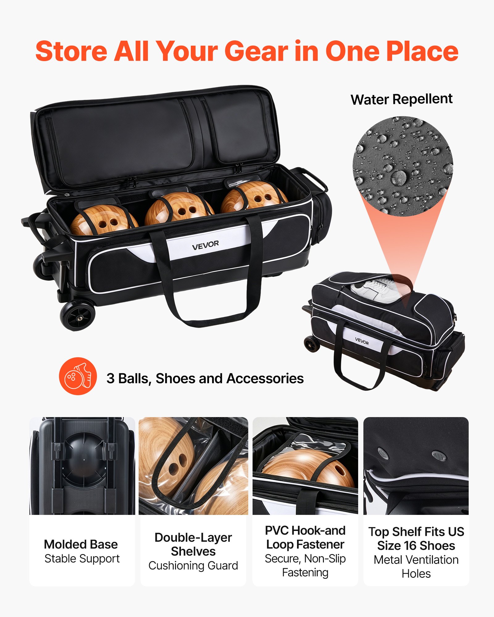 VEVOR 3 Ball Bowling Bag Double Roller Bag with Separate Shoe Compartment, for Bowling Shoes (Up To US Men Size 16), Rolling Ball Bag w/ Wheel, Accessory Pocket, Retractable Handle Extends to 40 in