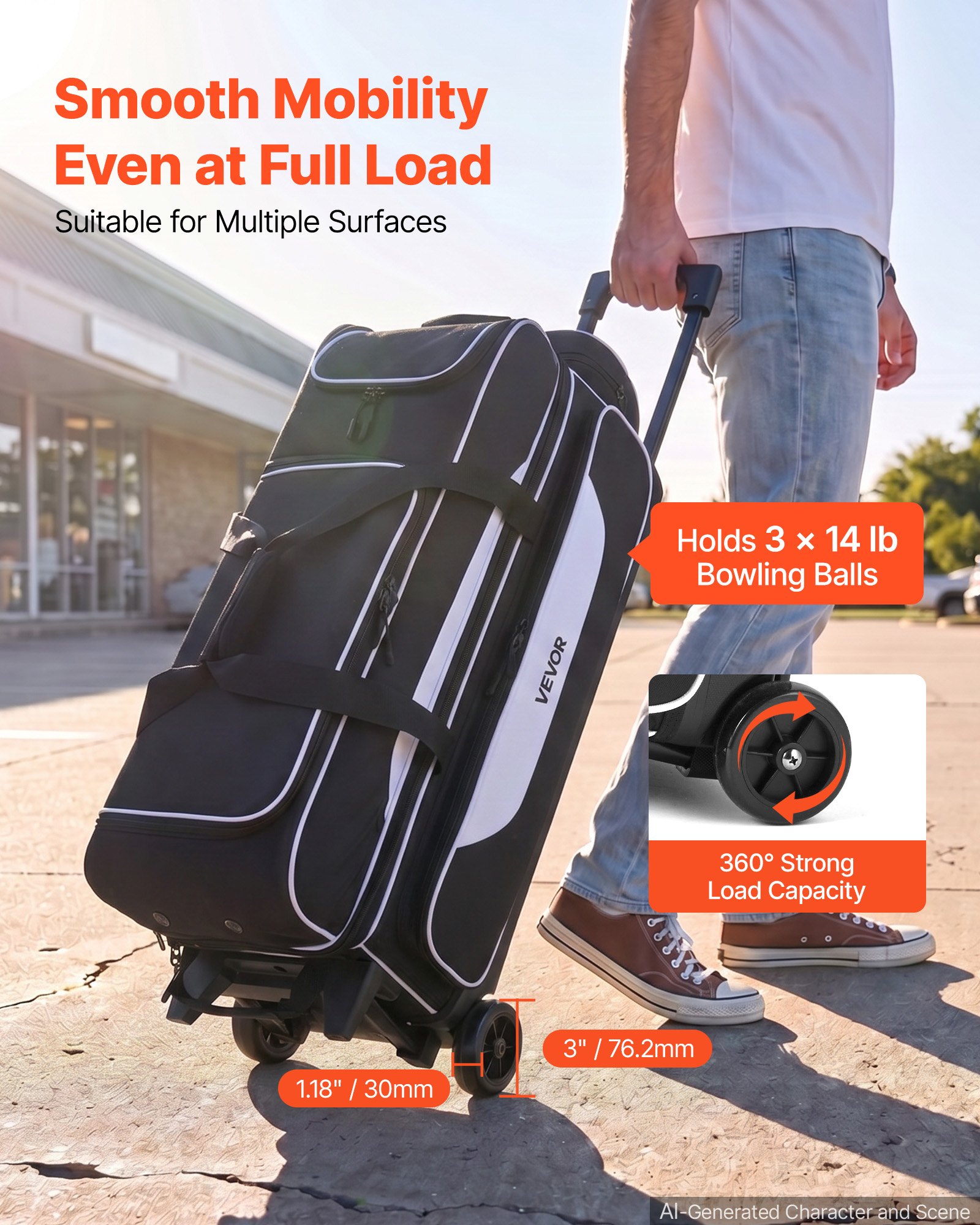 VEVOR 3 Ball Bowling Bag Double Roller Bag with Separate Shoe Compartment, for Bowling Shoes (Up To US Men Size 16), Rolling Ball Bag w/ Wheel, Accessory Pocket, Retractable Handle Extends to 40 in