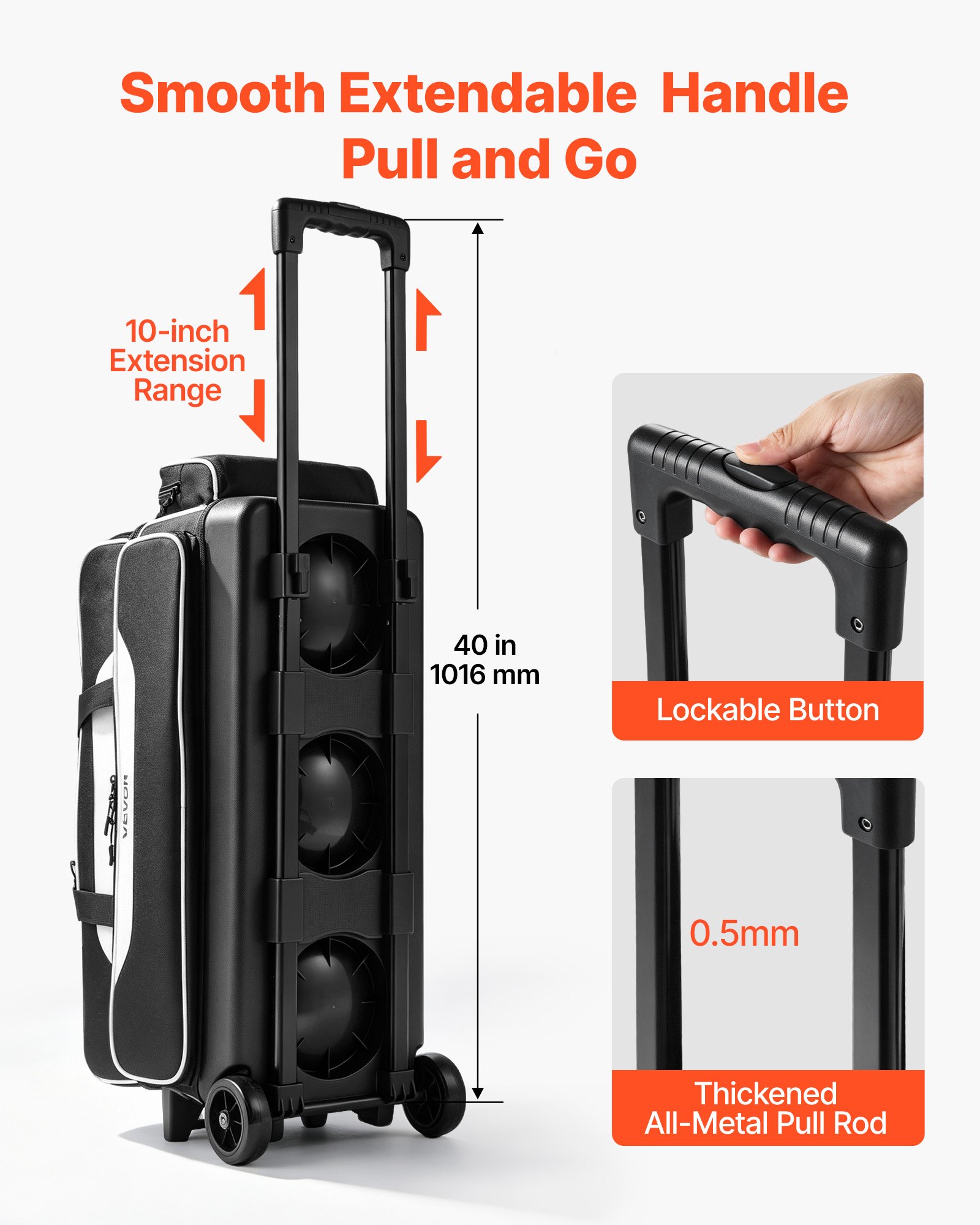 VEVOR 3 Ball Bowling Bag Double Roller Bag with Separate Shoe Compartment, for Bowling Shoes (Up To US Men Size 16), Rolling Ball Bag w/ Wheel, Accessory Pocket, Retractable Handle Extends to 40 in