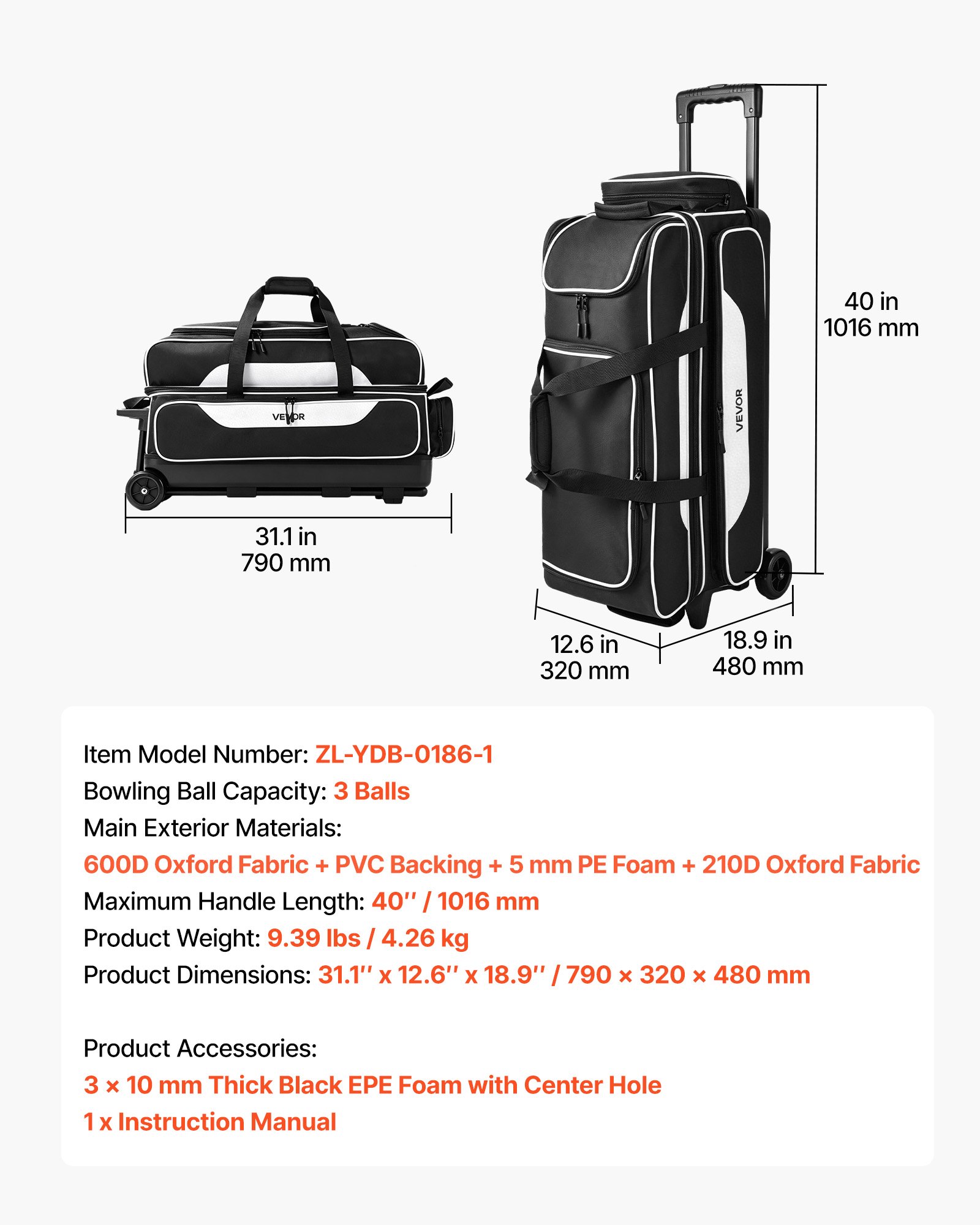 VEVOR 3 Ball Bowling Bag Double Roller Bag with Separate Shoe Compartment, for Bowling Shoes (Up To US Men Size 16), Rolling Ball Bag w/ Wheel, Accessory Pocket, Retractable Handle Extends to 40 in