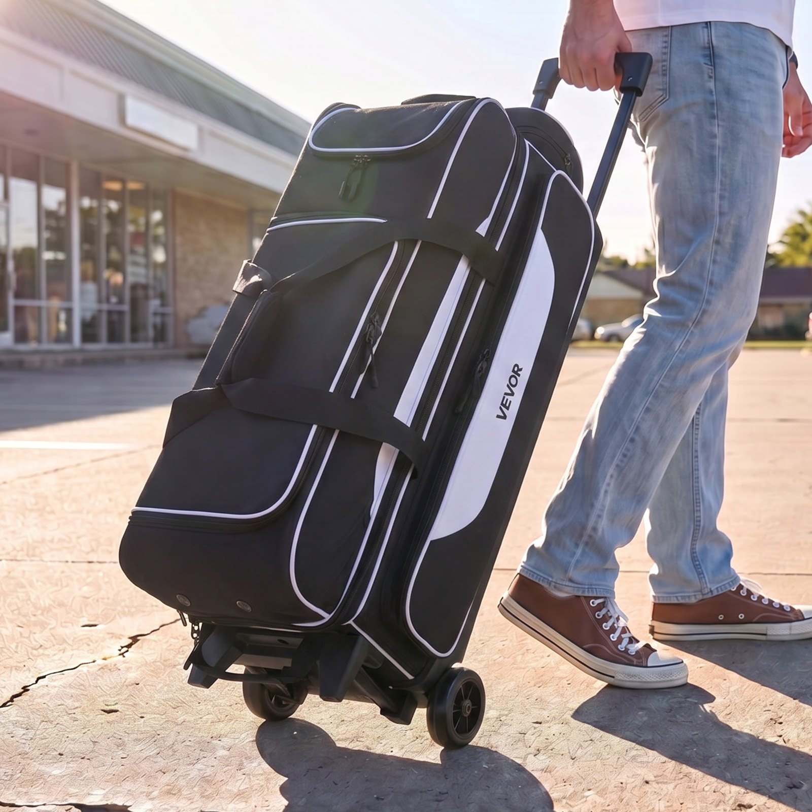 VEVOR 3 Ball Bowling Bag Double Roller Bag with Separate Shoe Compartment, for Bowling Shoes (Up To US Men Size 16), Rolling Ball Bag w/ Wheel, Accessory Pocket, Retractable Handle Extends to 40 in