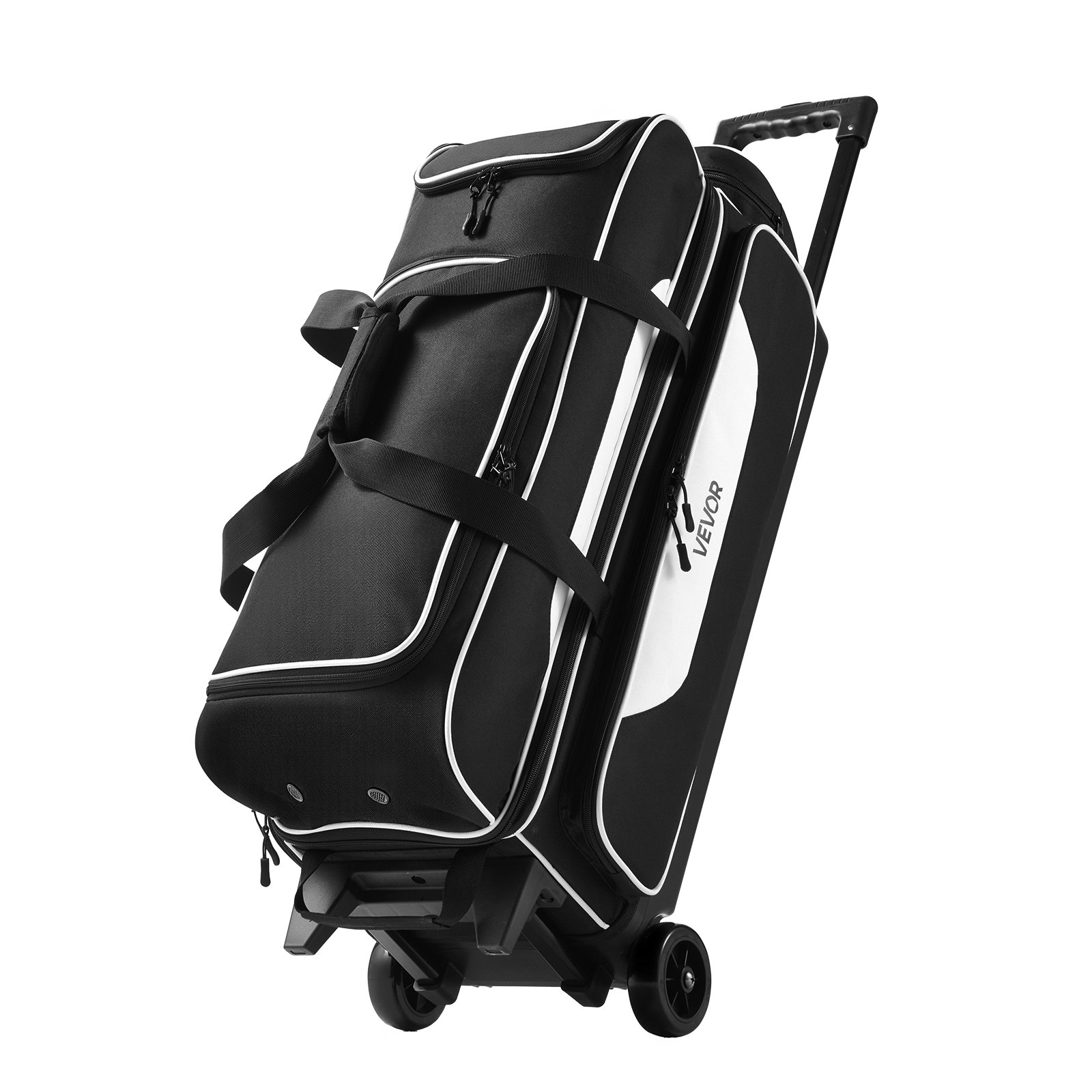 VEVOR 3 Ball Bowling Bag Double Roller Bag with Separate Shoe Compartment, for Bowling Shoes (Up To US Men Size 16), Rolling Ball Bag w/ Wheel, Accessory Pocket, Retractable Handle Extends to 40 in