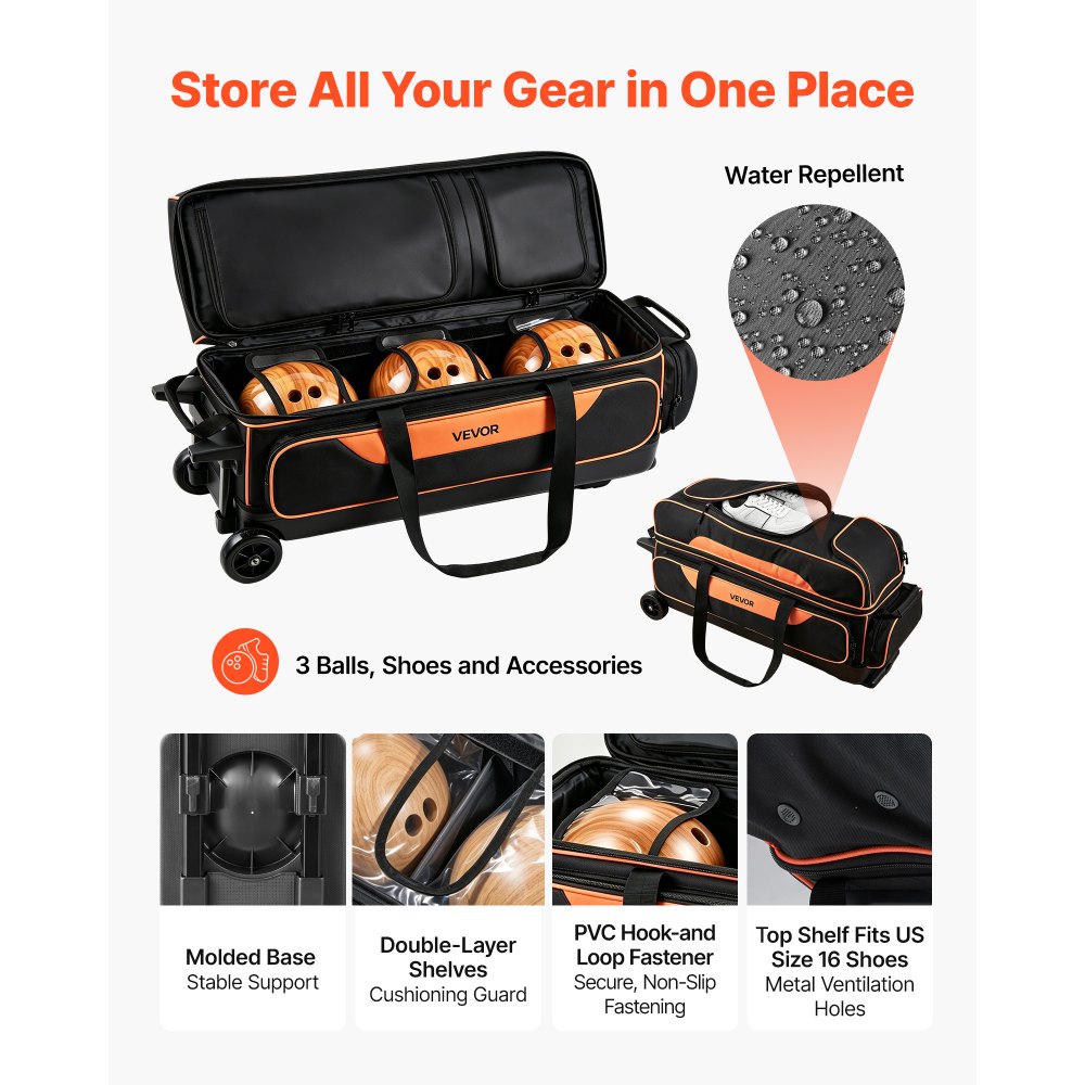 VEVOR 3 Ball Bowling Bag Double Roller Bag with Separate Shoe Compartment, for Bowling Shoes (Up To US Men Size 16), Rolling Ball Bag w/ Wheel, Accessory Pocket, Retractable Handle Extends to 40 in