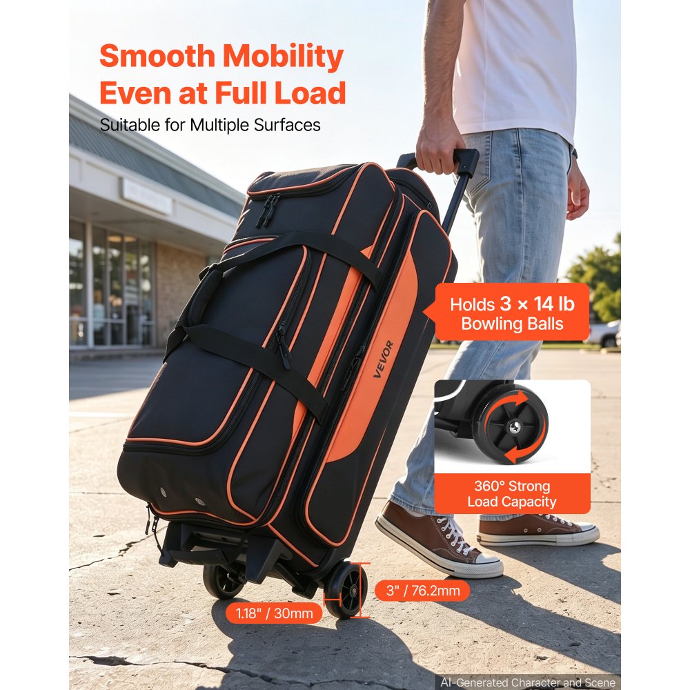 VEVOR 3 Ball Bowling Bag Double Roller Bag with Separate Shoe Compartment, for Bowling Shoes (Up To US Men Size 16), Rolling Ball Bag w/ Wheel, Accessory Pocket, Retractable Handle Extends to 40 in