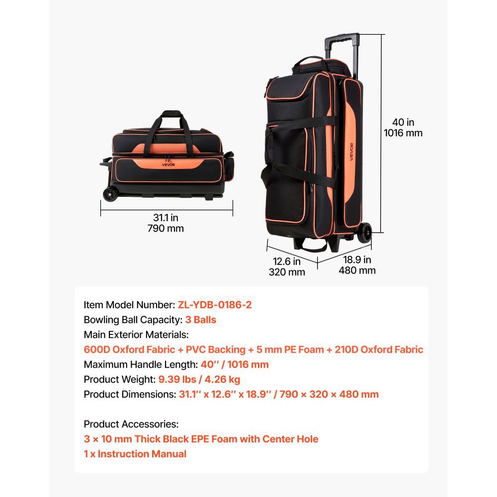 VEVOR 3 Ball Bowling Bag Double Roller Bag with Separate Shoe Compartment, for Bowling Shoes (Up To US Men Size 16), Rolling Ball Bag w/ Wheel, Accessory Pocket, Retractable Handle Extends to 40 in