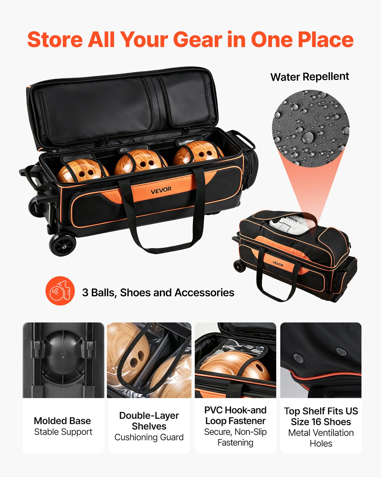 VEVOR 3 Ball Bowling Bag Double Roller Bag with Separate Shoe Compartment, for Bowling Shoes (Up To US Men Size 16), Rolling Ball Bag w/ Wheel, Accessory Pocket, Retractable Handle Extends to 40 in