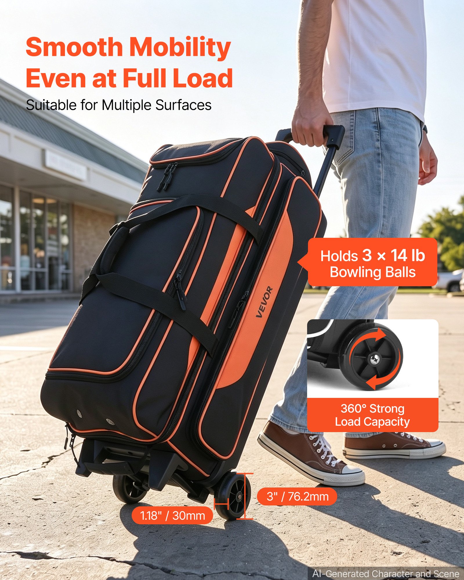 VEVOR 3 Ball Bowling Bag Double Roller Bag with Separate Shoe Compartment, for Bowling Shoes (Up To US Men Size 16), Rolling Ball Bag w/ Wheel, Accessory Pocket, Retractable Handle Extends to 40 in