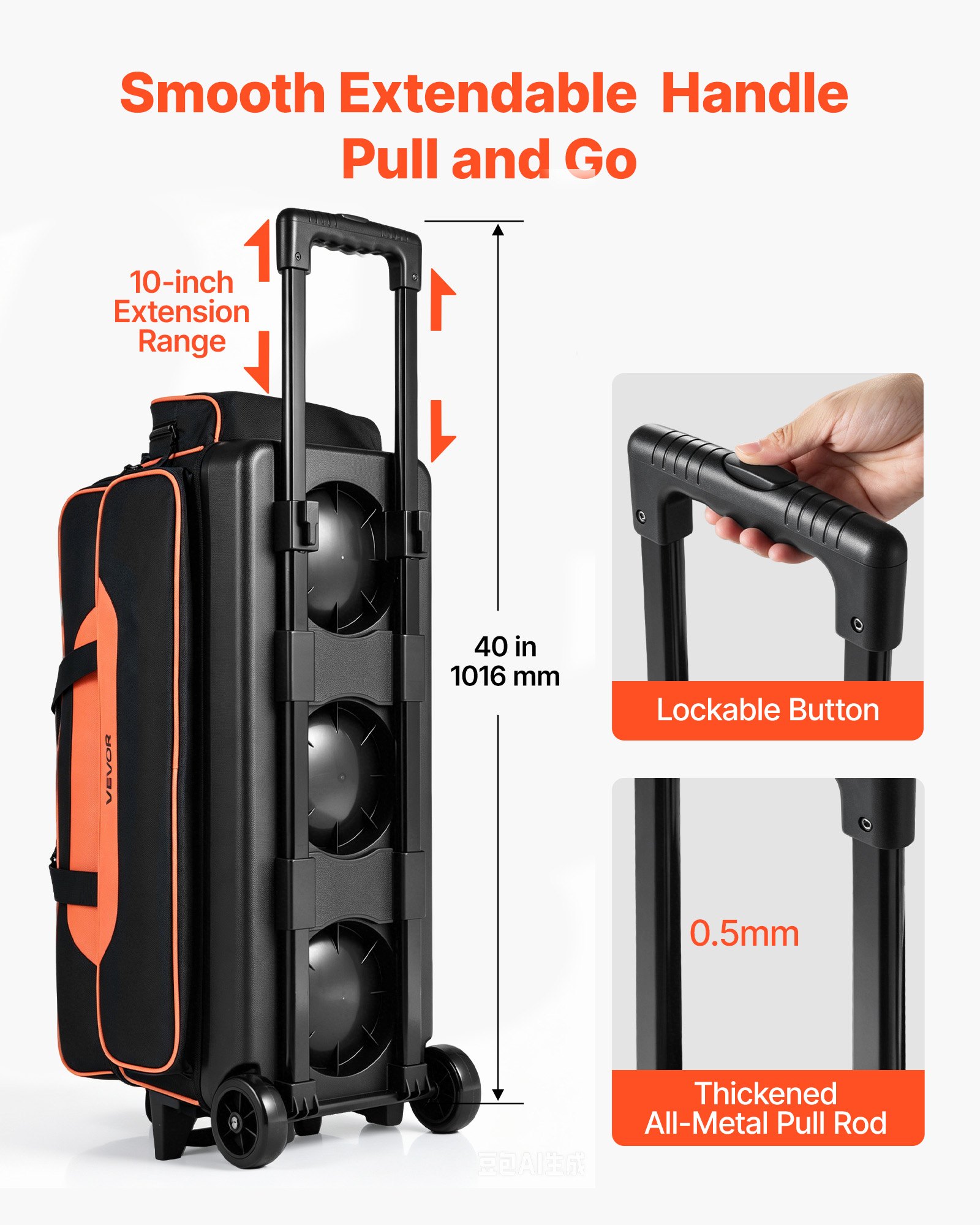 VEVOR 3 Ball Bowling Bag Double Roller Bag with Separate Shoe Compartment, for Bowling Shoes (Up To US Men Size 16), Rolling Ball Bag w/ Wheel, Accessory Pocket, Retractable Handle Extends to 40 in