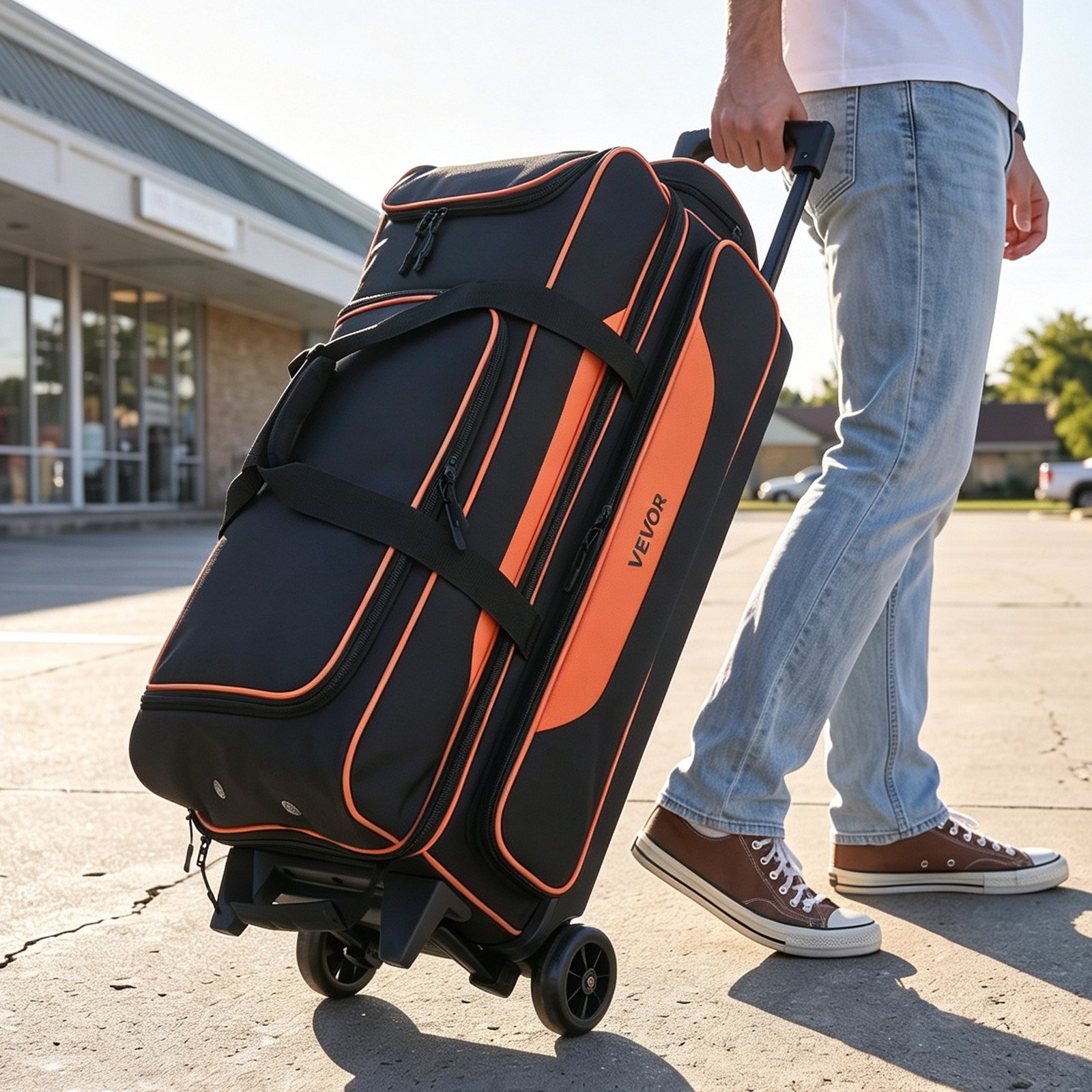 VEVOR 3 Ball Bowling Bag Double Roller Bag with Separate Shoe Compartment, for Bowling Shoes (Up To US Men Size 16), Rolling Ball Bag w/ Wheel, Accessory Pocket, Retractable Handle Extends to 40 in