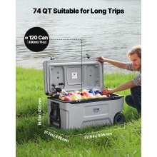 Portable Cooler 74 QT Insulated Wheeled Cooler 120 Can Capacity with Cup Holder