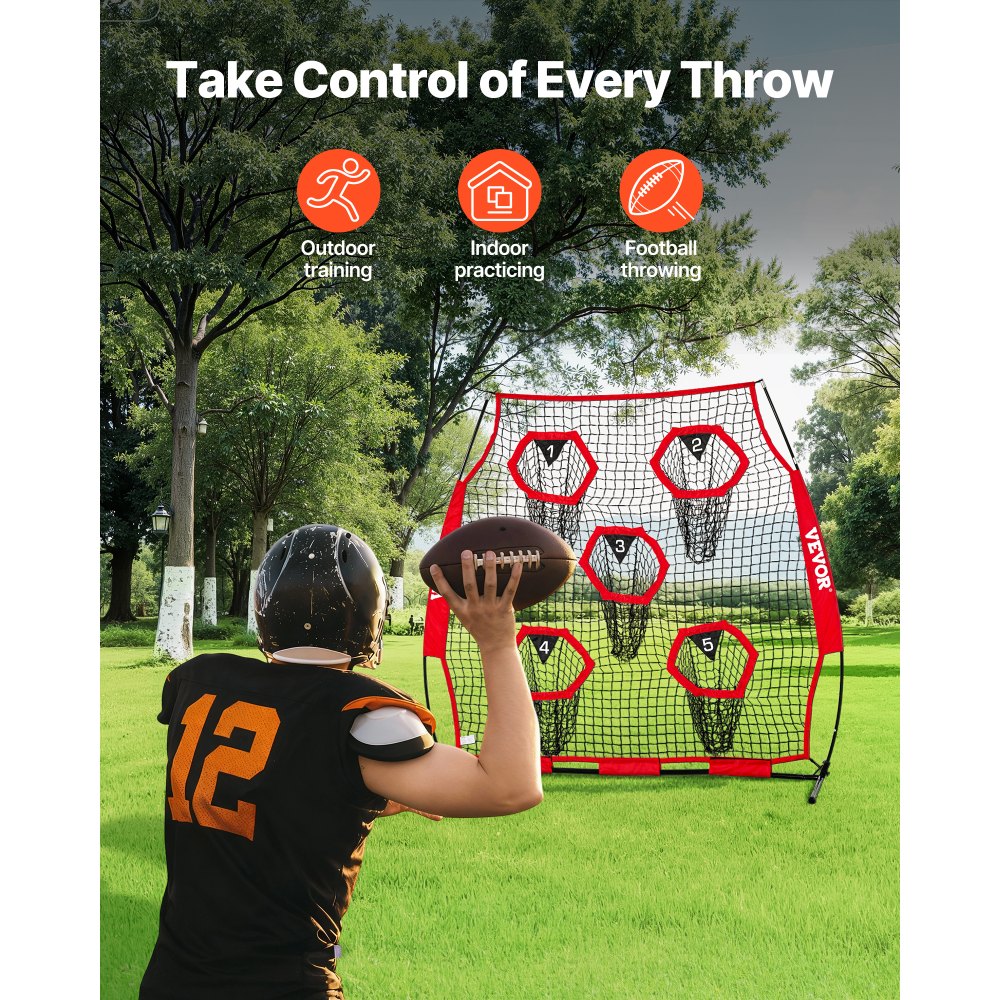 VEVOR 1828.8x1828.8mm Football Trainer Throwing Net, Training Throwing Target Practice Net with 5 Target Pockets, Knotless Net Includes Straps and Portable Carry Case, Improve QB Throwing Accuracy,Red