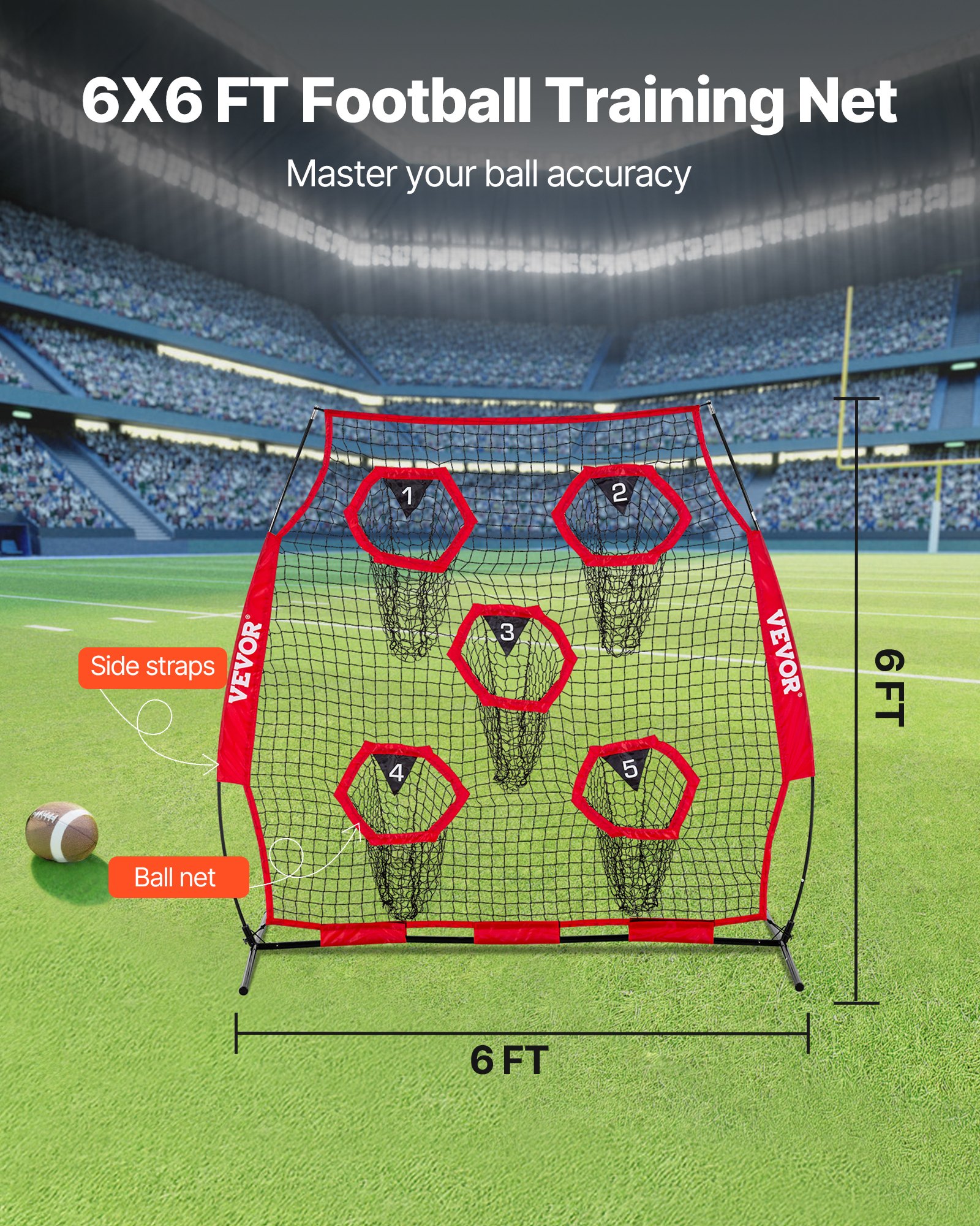 VEVOR 1828.8x1828.8mm Football Trainer Throwing Net, Training Throwing Target Practice Net with 5 Target Pockets, Knotless Net Includes Straps and Portable Carry Case, Improve QB Throwing Accuracy,Red