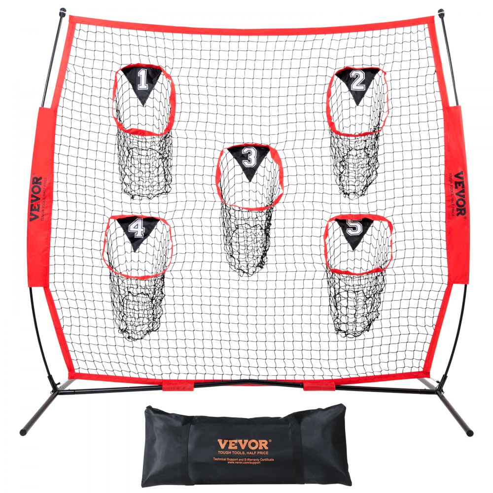 VEVOR 7 x 7 ft Football Trainer Throwing Net, Training Throwing Target Practice Net with 5 Target Pockets, Knotless Net Includes Bow Frame and Portable Carry Case, Improve QB Throwing Accuracy, Red