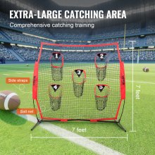 VEVOR Filet de lancer d'entraînement de football de 7 x 7 pieds, filet d'entraînement pour cible de lancer avec 5 poches pour cible, filet sans nœuds comprenant un cadre d'arc et un étui de transport portable, améliore la précision du lancer QB, rouge