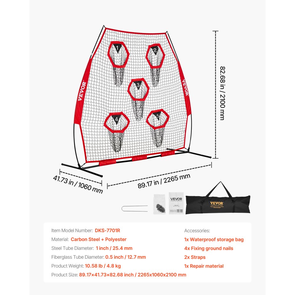 VEVOR 2133.6 x 2133.6mm Football Trainer Throwing Net, Training Throwing Target Practice Net with 5 Target Pockets, Knotless Net Includes Straps and Portable Carry Case, Improve QB Throwing Accuracy