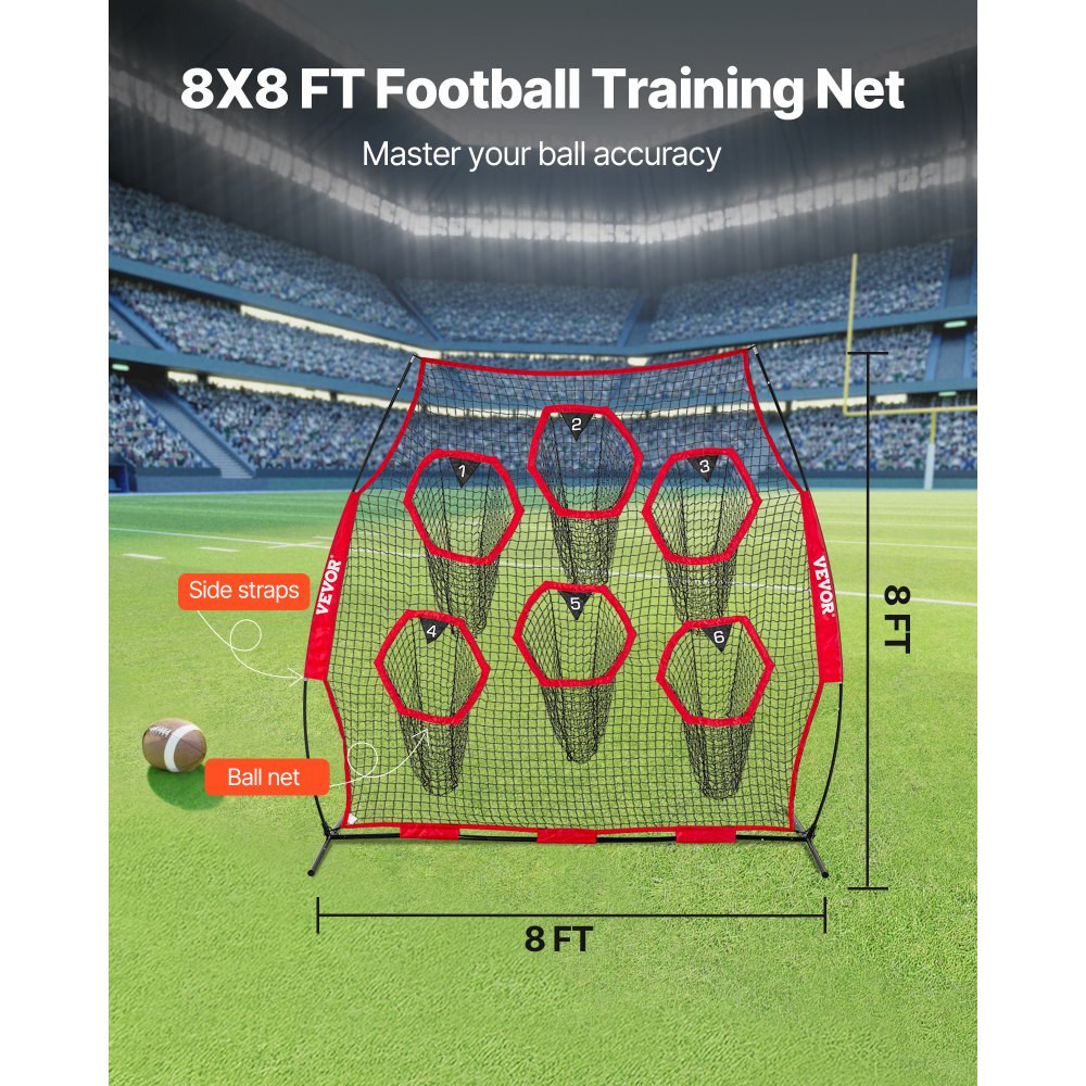 VEVOR 2438.4x2438.4mm Football Trainer Throwing Net, Training Throwing Target Practice Net with 6 Target Pockets, Knotless Net Includes Straps and Portable Carry Case, Improve QB Throwing Accuracy,Red