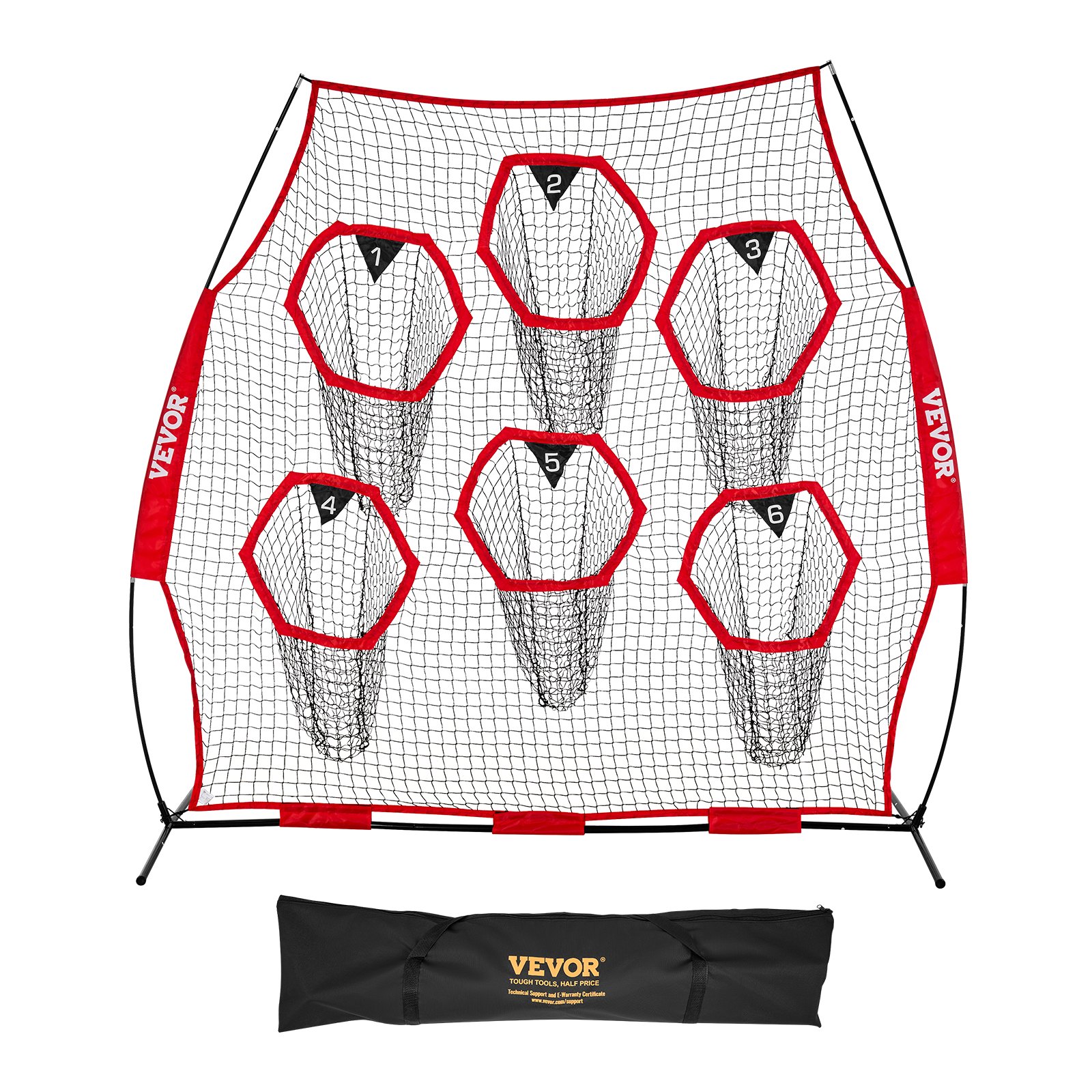 VEVOR 2438.4x2438.4mm Football Trainer Throwing Net, Training Throwing Target Practice Net with 6 Target Pockets, Knotless Net Includes Straps and Portable Carry Case, Improve QB Throwing Accuracy,Red