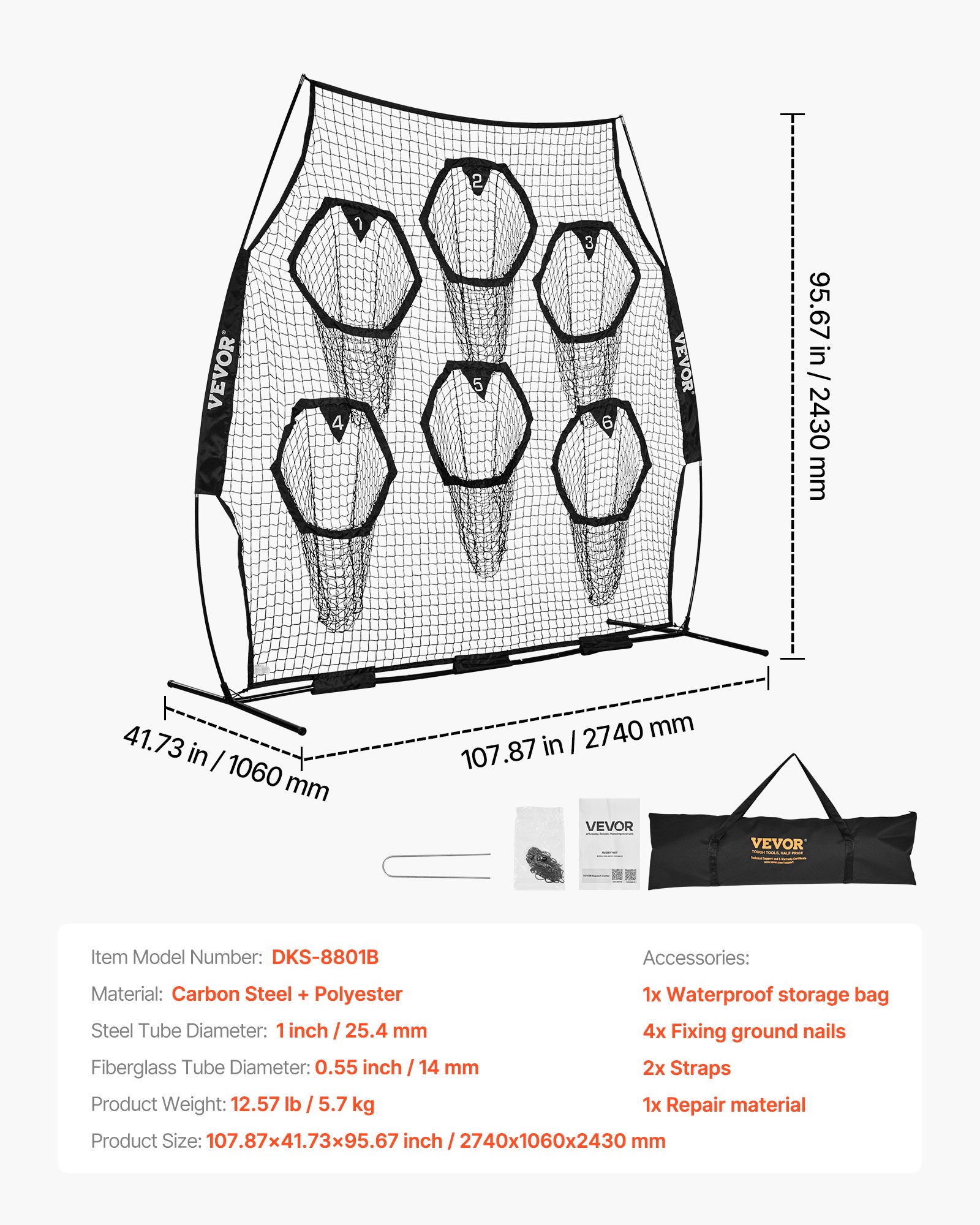 VEVOR 8 x 8 ft Football Trainer Throwing Net, Training Throwing Target Practice Net with 6 Target Pockets, Knotless Net Includes Straps and Portable Carry Case, Improve QB Throwing Accuracy, Black