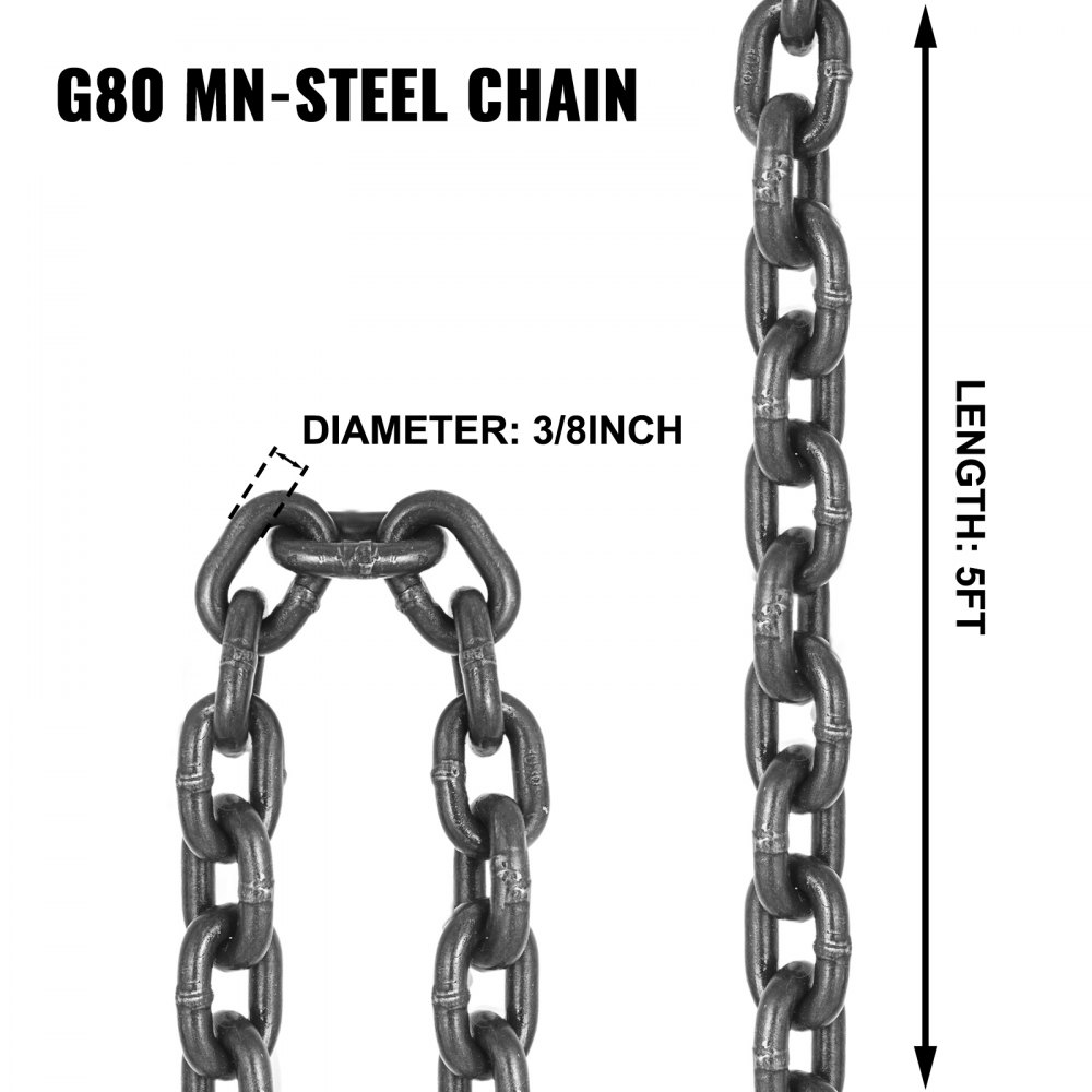 VEVOR Chain Sling, 3/8 inch x 5 ft Lifting Chains with Hooks, G80 Engine Chain Hoist Lifts, 11000 lbs/5 Ton Capacity Lifting Sling Chains for Engine Hoist, Engine Lift Chain with 2 Leg Grab Hooks