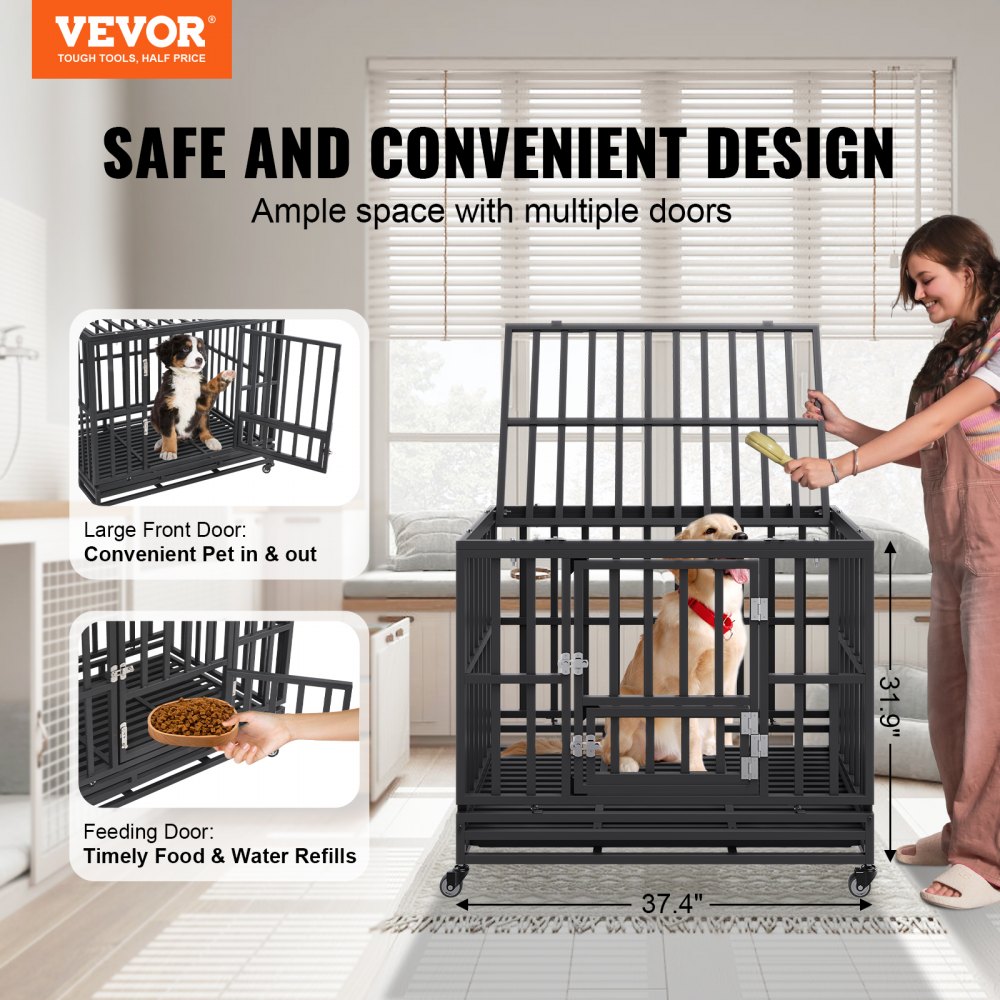VEVOR 38 Inch Heavy Duty Dog Crate, Indestructible Dog Crate, 3-Door Heavy Duty Dog Kennel for Medium to Large Dogs with Lockable Wheels and Removable Tray, High Anxiety Dog Crate for Indoor & Outdoor