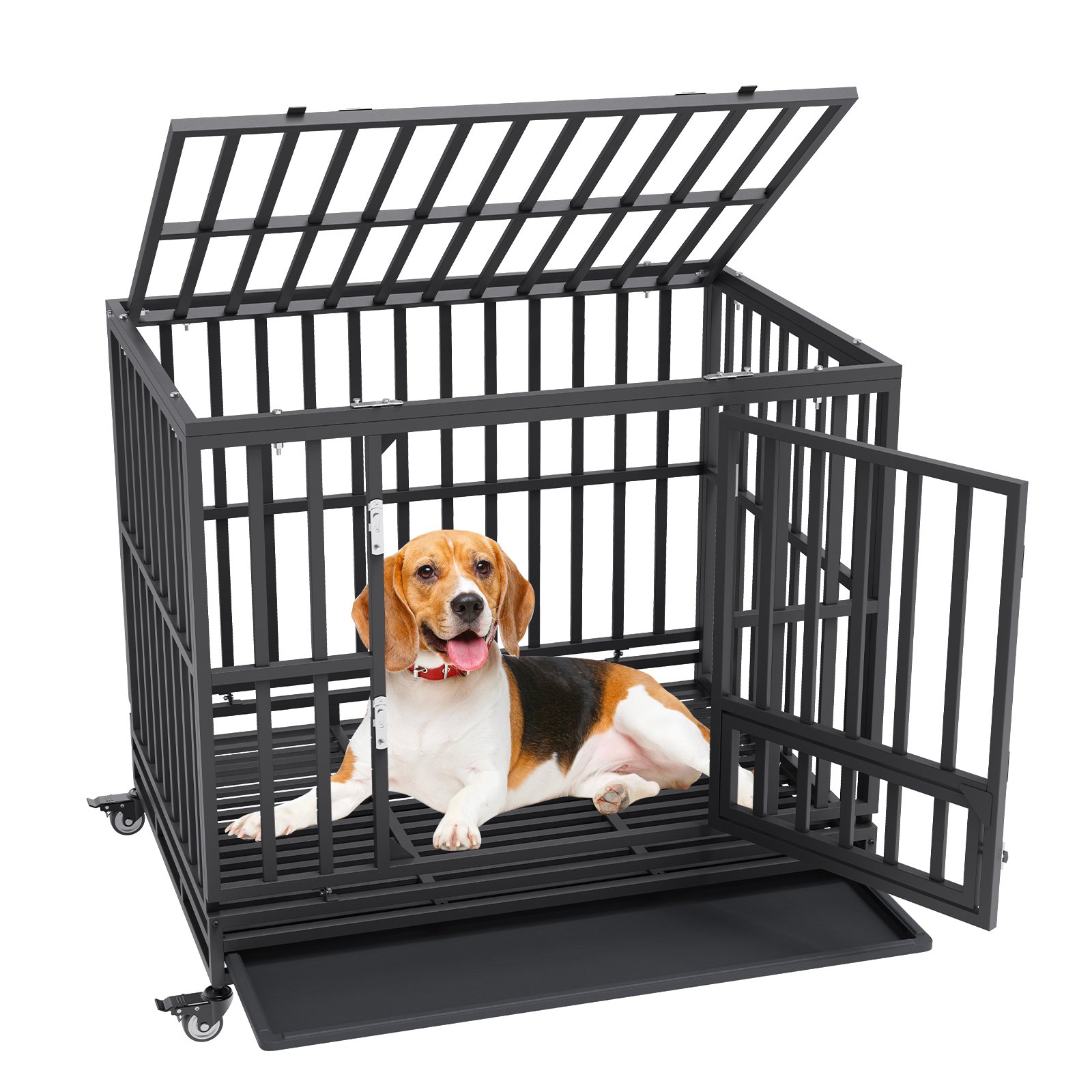Sweiko 42 Inch Heavy Duty Dog Crate, Indestructible Dog Crate, 3-Door Heavy Duty Dog Kennel for Medium to Large Dogs with Lockable Wheels and Removable Tray, High Anxiety Dog Crate for Indoor & Outdoor