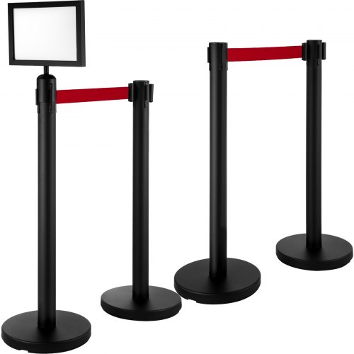 VEVOR Crowd Control Barriers 4-Set Line Dividers, Stainless Steel Stanchions with 6.6’ Black Retractable Belts, Black VIP Crowd Control Stanchions with One Sign Frame, 34.6” Queue Safety Stanchions