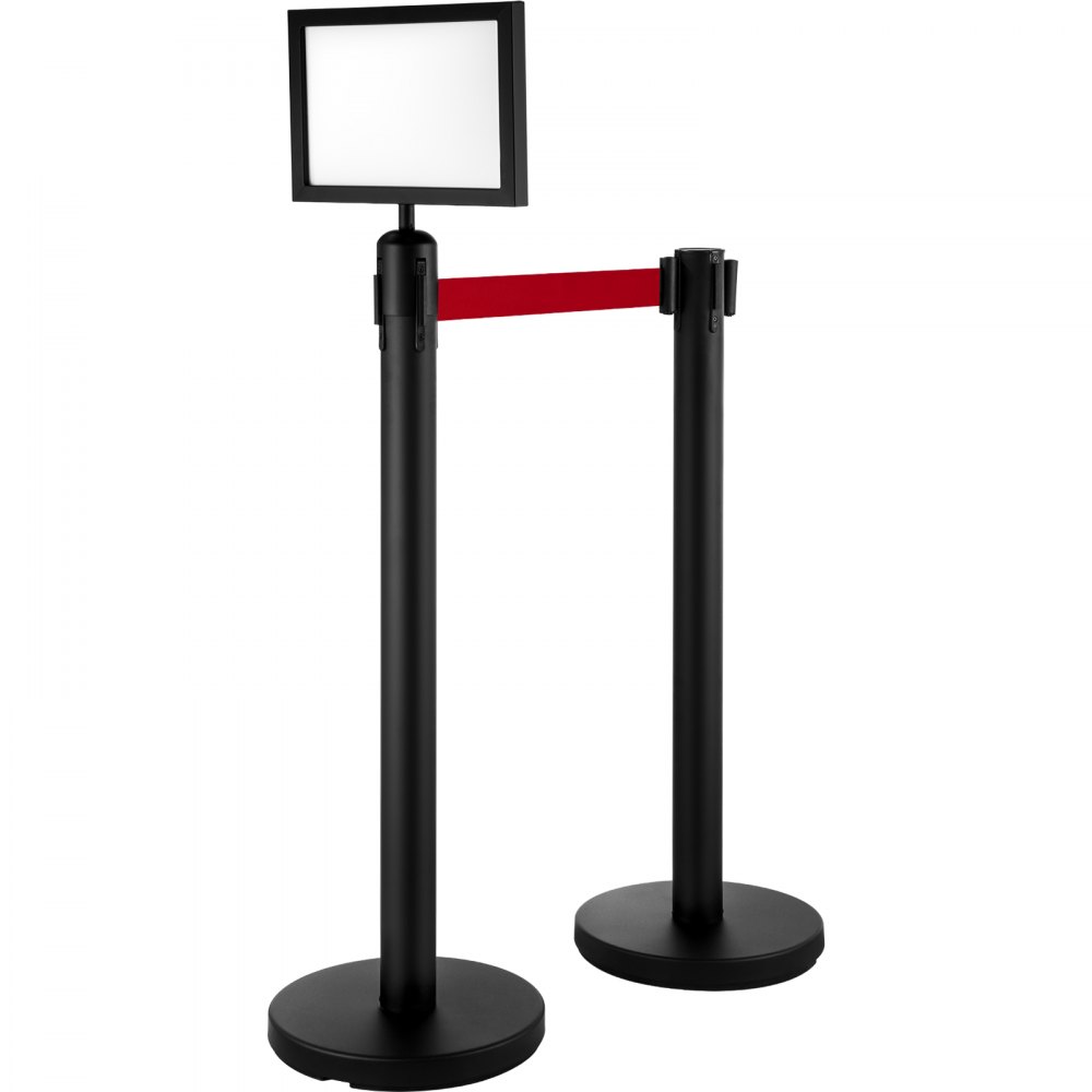 VEVOR Stanchion Post Barriers 4-Set Line Dividers, Stainless Steel Stanchions with 6.6 Black Retractable Belts, Stanchions with One Sign Frame, 34.6 Queue Safety Stanchions (Balck)