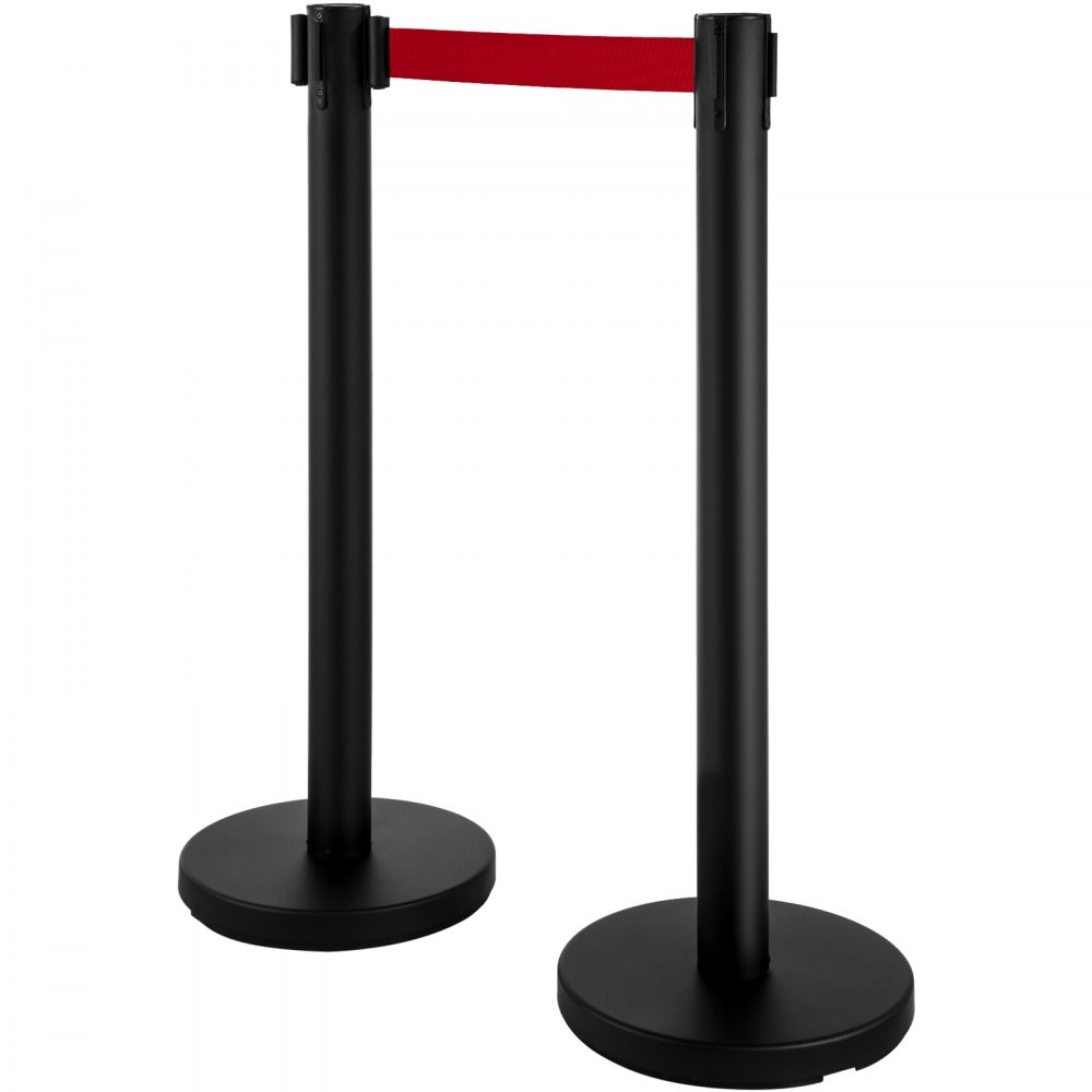 VEVOR Stanchion Post Barriers 4-Set Line Dividers, Stainless Steel Stanchions with 6.6 Black Retractable Belts, Stanchions with One Sign Frame, 34.6 Queue Safety Stanchions (Balck)