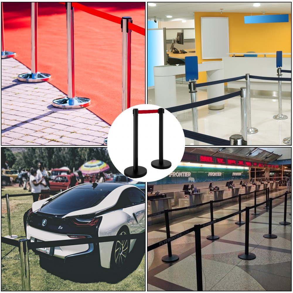 VEVOR Stanchion Post Barriers 4-Set Line Dividers, Stainless Steel Stanchions with 6.6 Black Retractable Belts, Stanchions with One Sign Frame, 34.6 Queue Safety Stanchions (Balck)