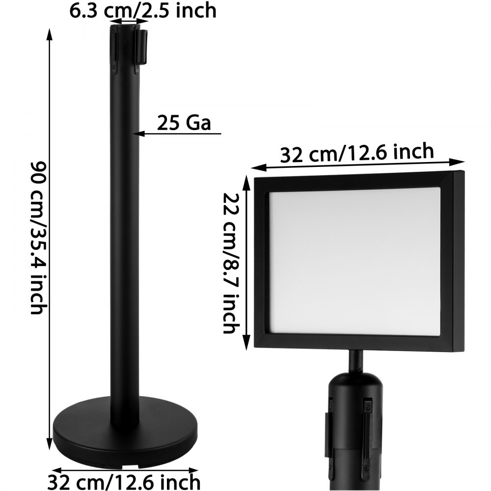 VEVOR Stanchion Post Barriers 4-Set Line Dividers, Stainless Steel Stanchions with 6.6 Black Retractable Belts, Stanchions with One Sign Frame, 34.6 Queue Safety Stanchions (Balck)
