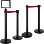 VEVOR Crowd Control Barriers 4-Set Line Dividers, Stainless Steel Stanchions with 6.6’ Black Retractable Belts, Black VIP Crowd Control Stanchions with One Sign Frame, 34.6” Queue Safety Stanchions