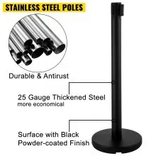 VEVOR Stanchion Post Barriers 4-Set Line Dividers, Stainless Steel Stanchions with 6.6 Black Retractable Belts, Stanchions with One Sign Frame, 34.6 Queue Safety Stanchions (Balck)