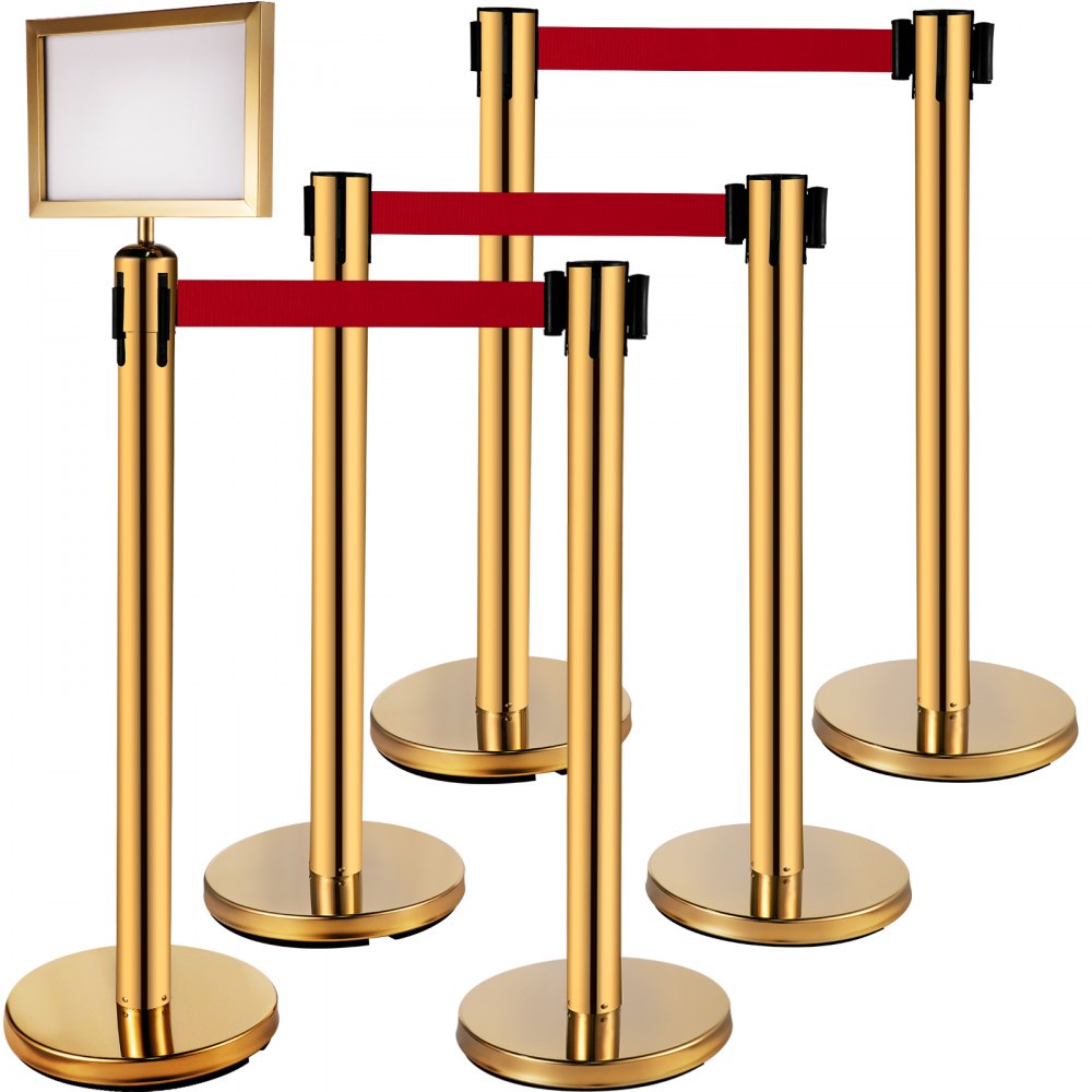 VEVOR stolpbarriärer 4-set linjeavdelare, stolpar i rostfritt stål med 6,6 röda infällbara bälten, stolpar med en skyltram, 34,6 kösäkerhetsstolpar (guld)