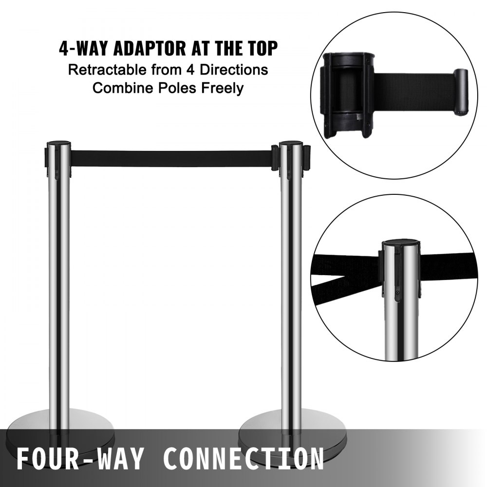 VEVOR Crowd Control Stanchion, 6-Pack Crowd Control Barrier, Carbon Steel Baking Painted Stanchion Queue Post with 6.6FT Retractable Belt & Fillable Base, Belt Barrier Line Divider, Easy Assembly