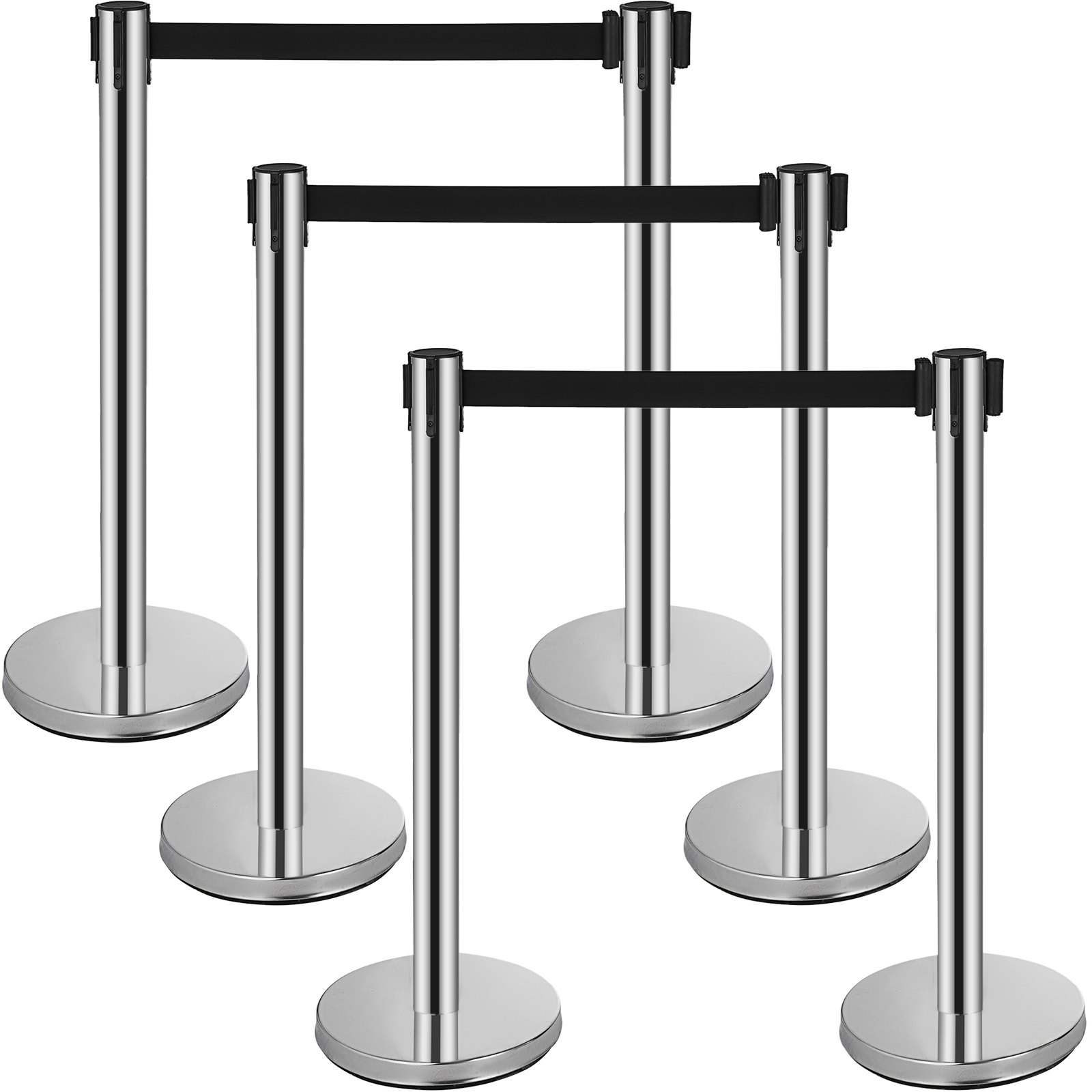 VEVOR Crowd Control Stanchion, 6-Pack Crowd Control Barrier, Carbon Steel Baking Painted Stanchion Queue Post with 6.6FT Retractable Belt & Fillable Base, Belt Barrier Line Divider, Easy Assembly
